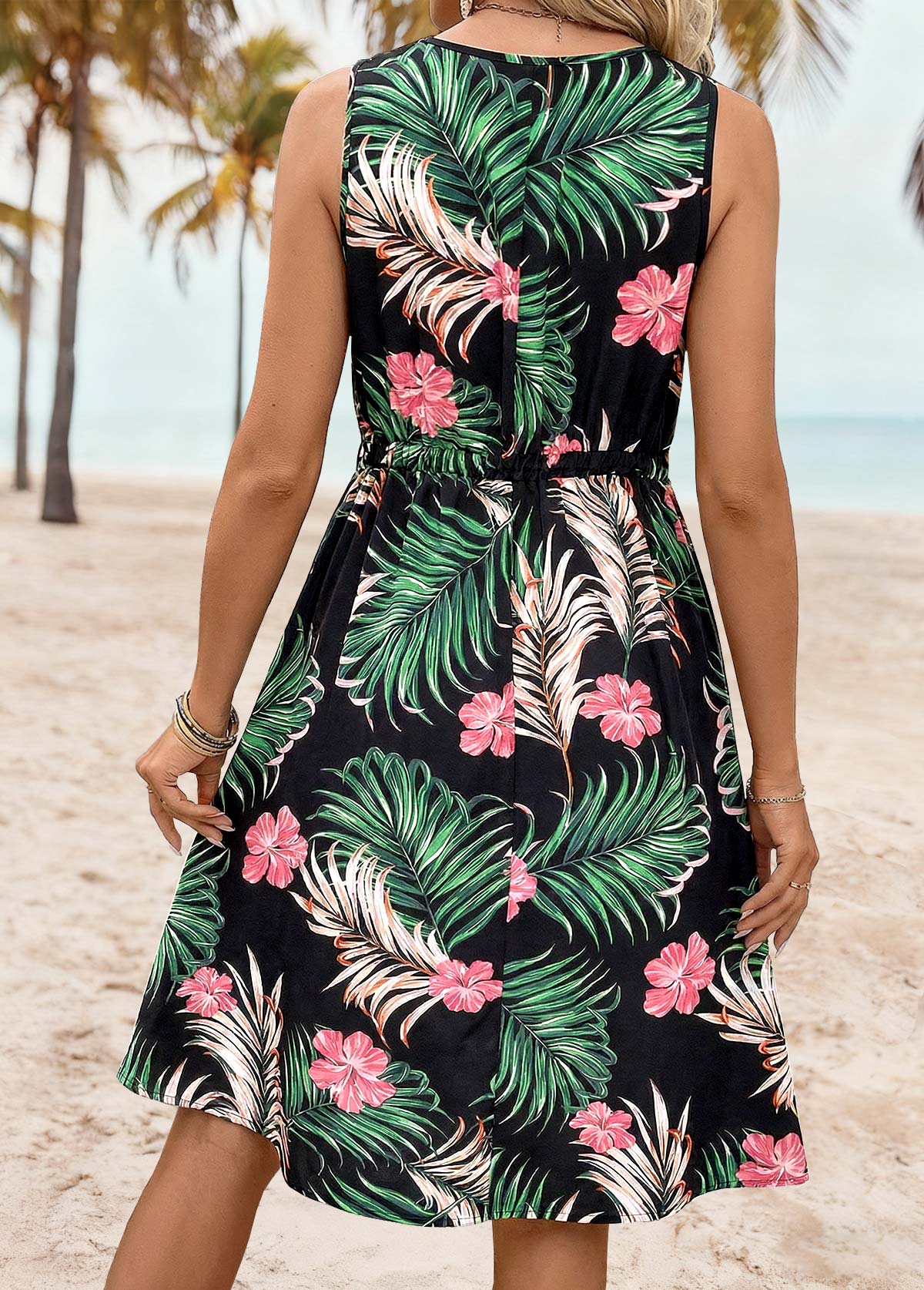 Black Tummy Coverage Tropical Plants Print Sleeveless Dress | picture 