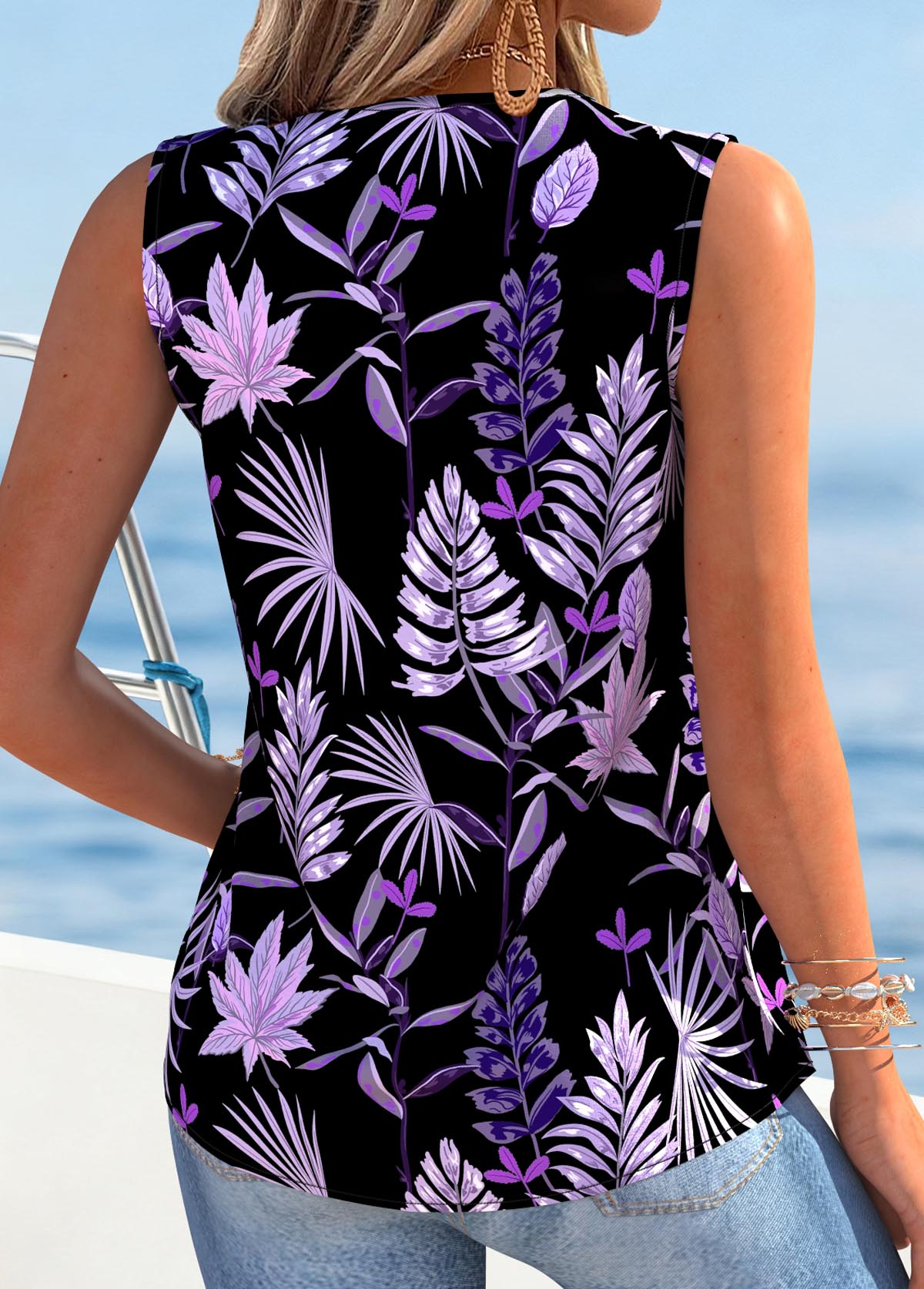 Purple Tummy Coverage Leaf Print Sleeveless Tank Top | picture 