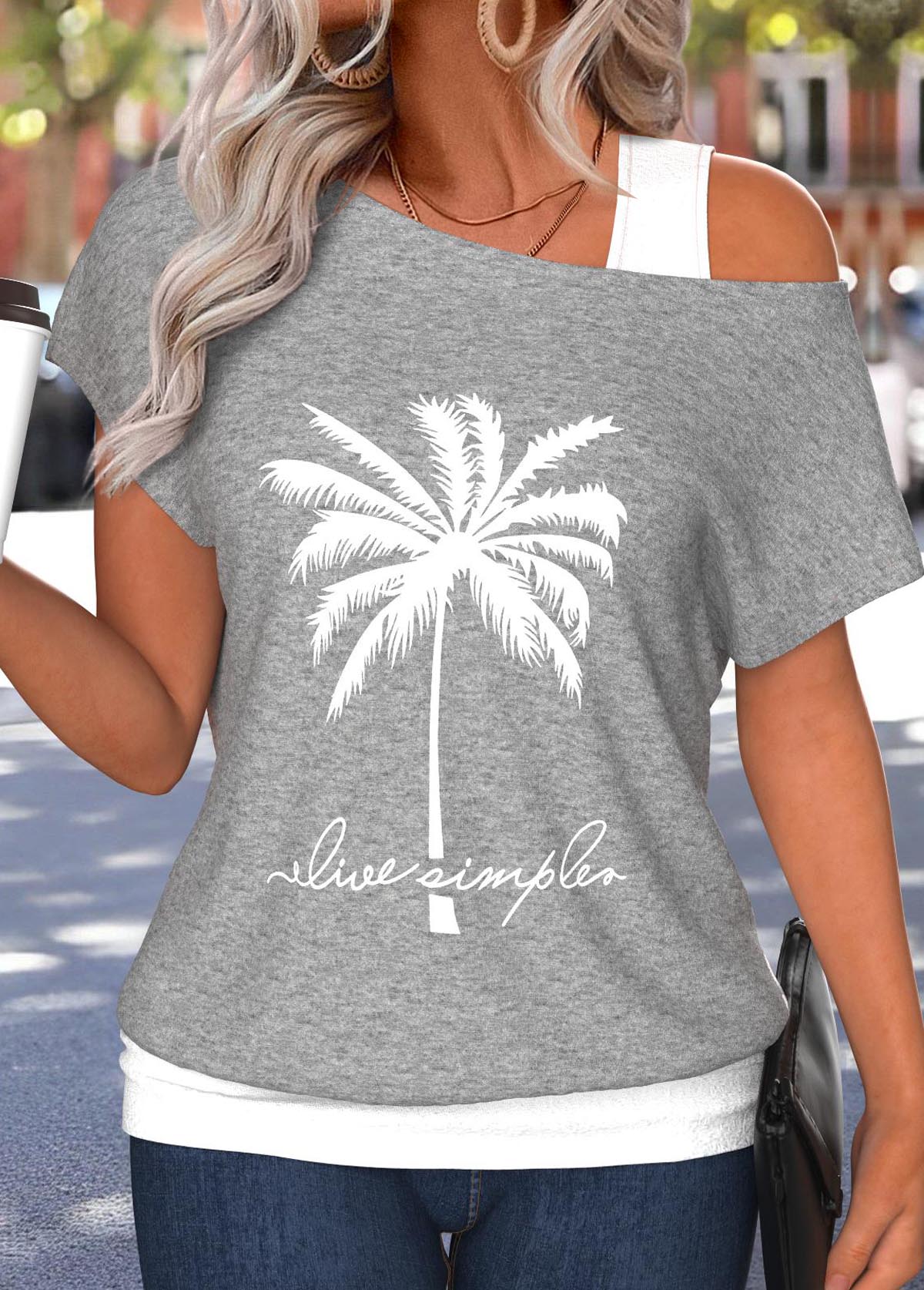 Grey Tummy Coverage Tropical Plants Print T Shirt | picture 