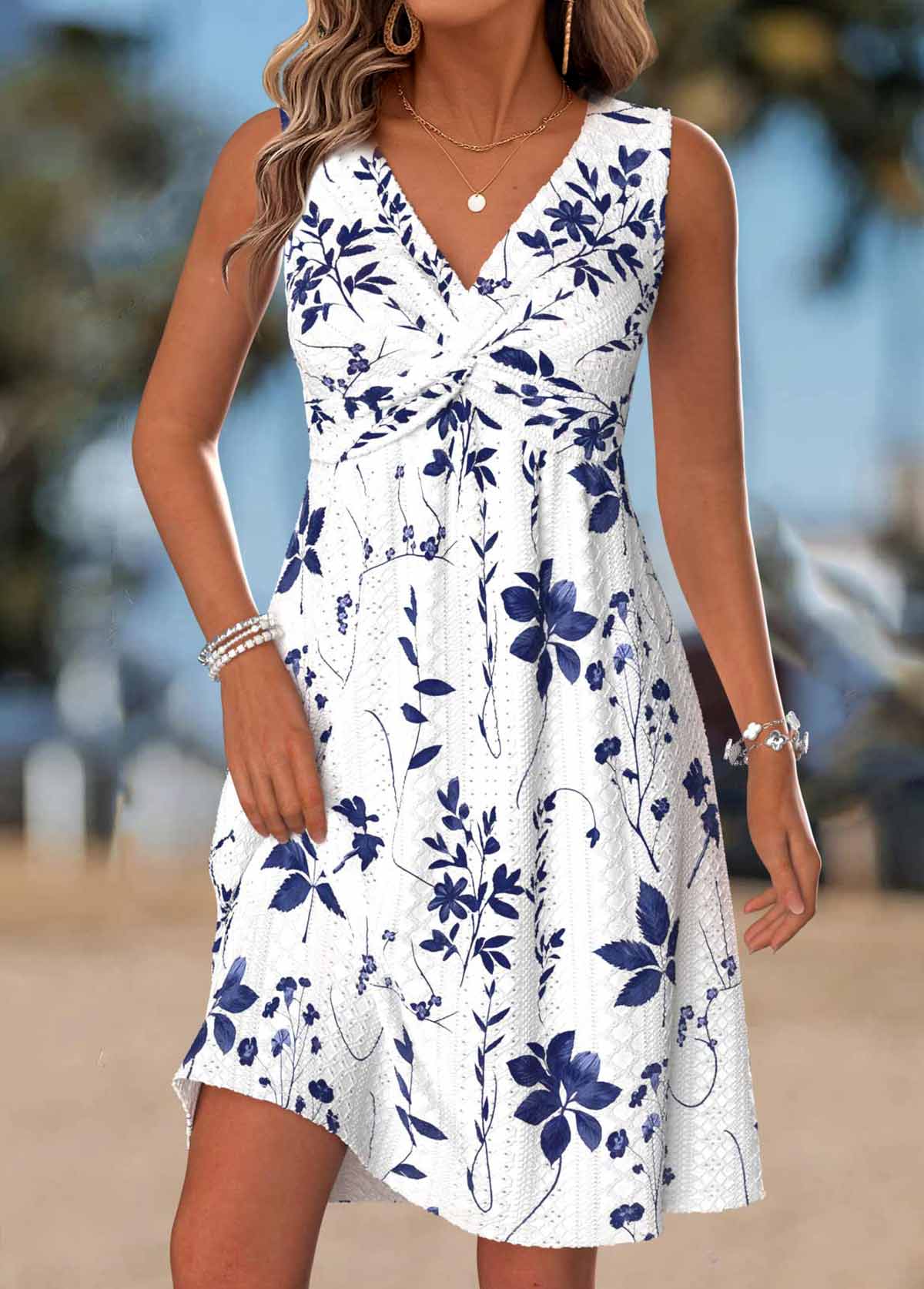 White Leaf Print Tummy Coverage Sleeveless Short Dress V-Neck Knit Jacquard Vacation Women's Dress | Modlily White Leaf Print Tummy Coverage Sleeveless Short Dress V-Neck Knit Jacquard Vacation Women's Dress | Modlily