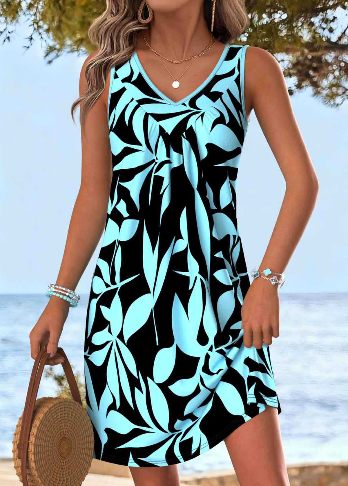 Cyan Tummy Coverage Leaf Print A-Line Sleeveless Dress