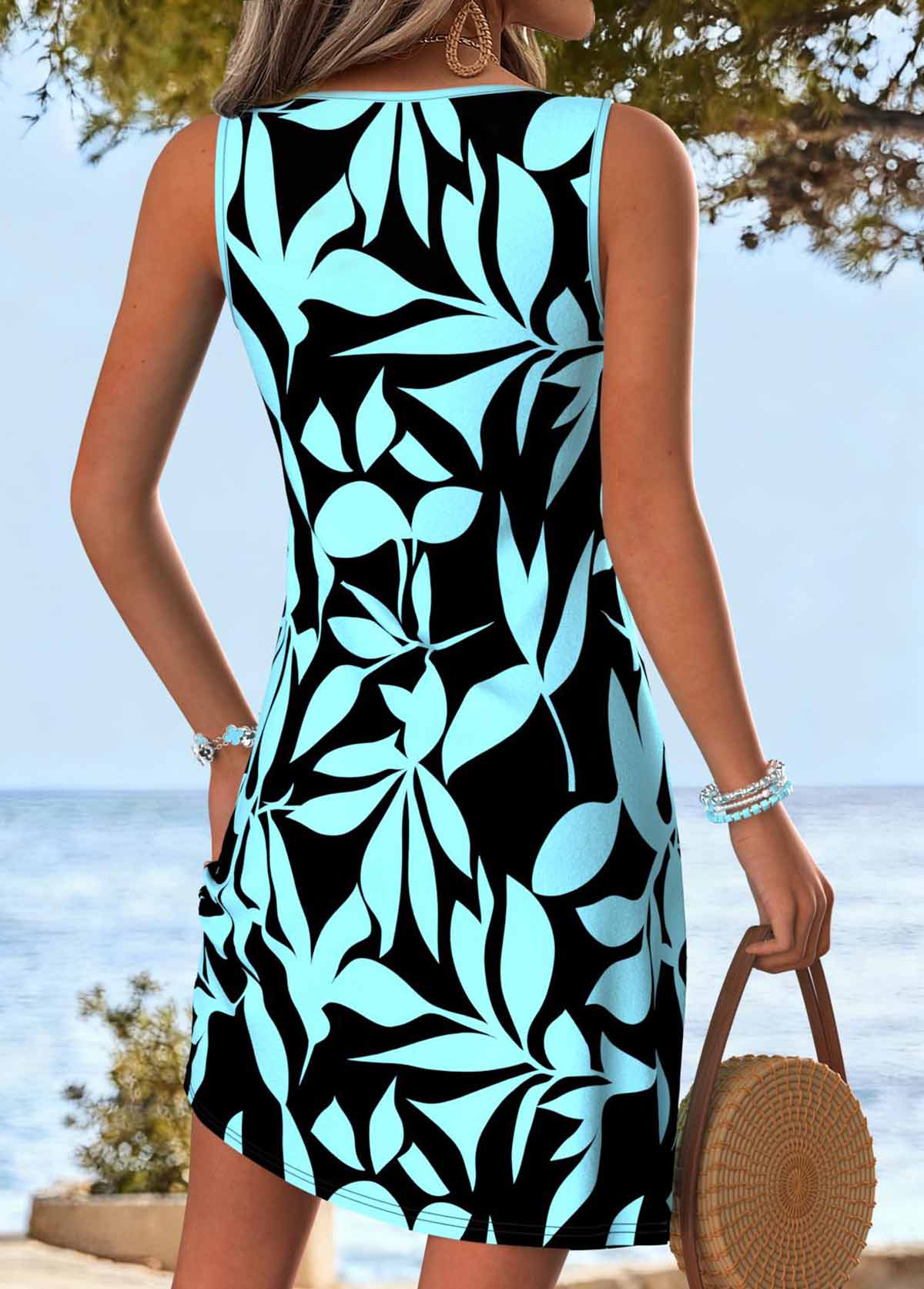 Cyan Tummy Coverage Leaf Print Short Sleeveless Dress | picture 