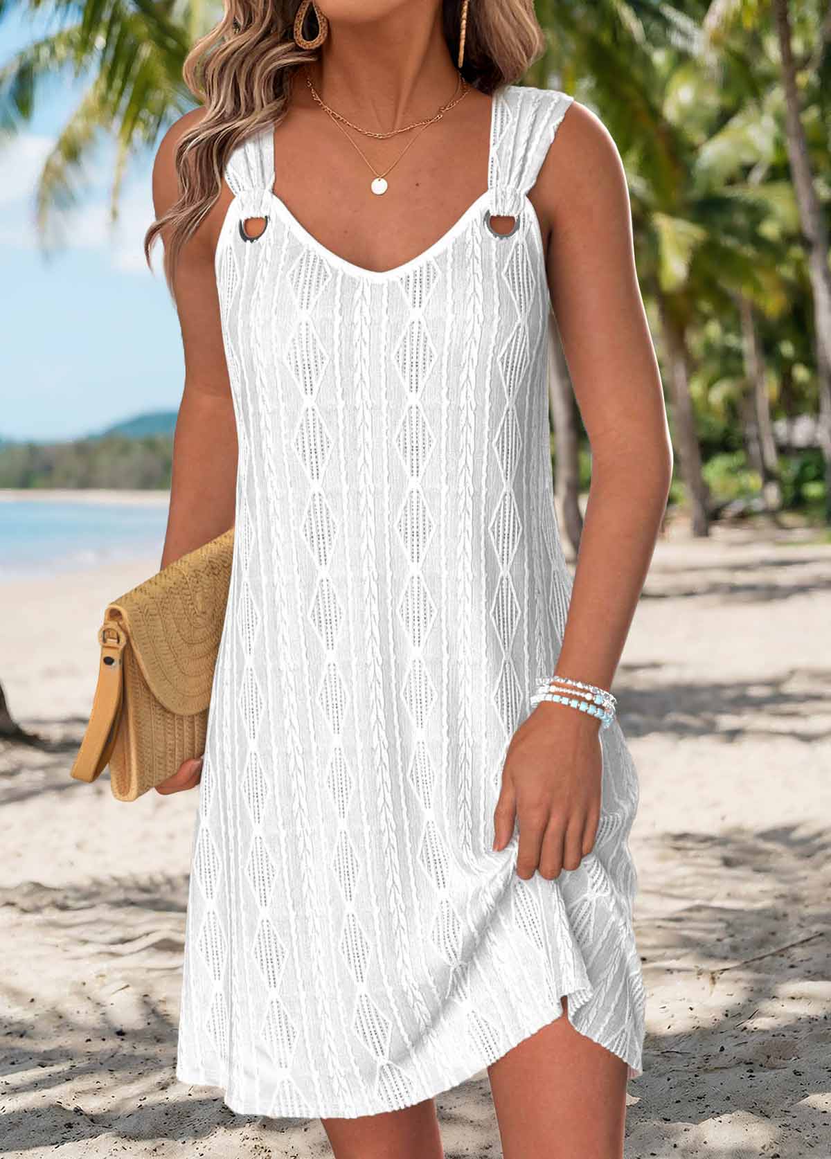 White Tummy Coverage Short Sleeveless V Neck Dress | picture 