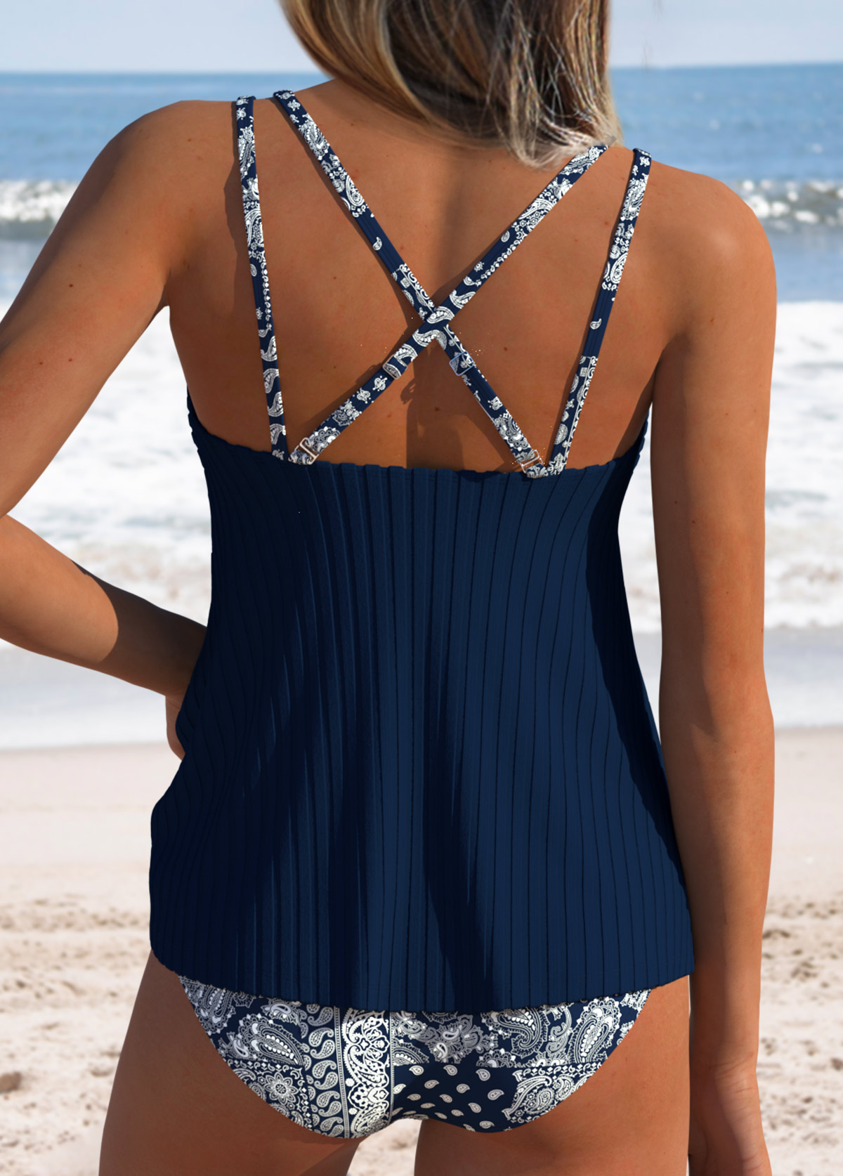 Tummy Coverage Mid Waisted Tribal Print Navy Tankini Set | picture 
