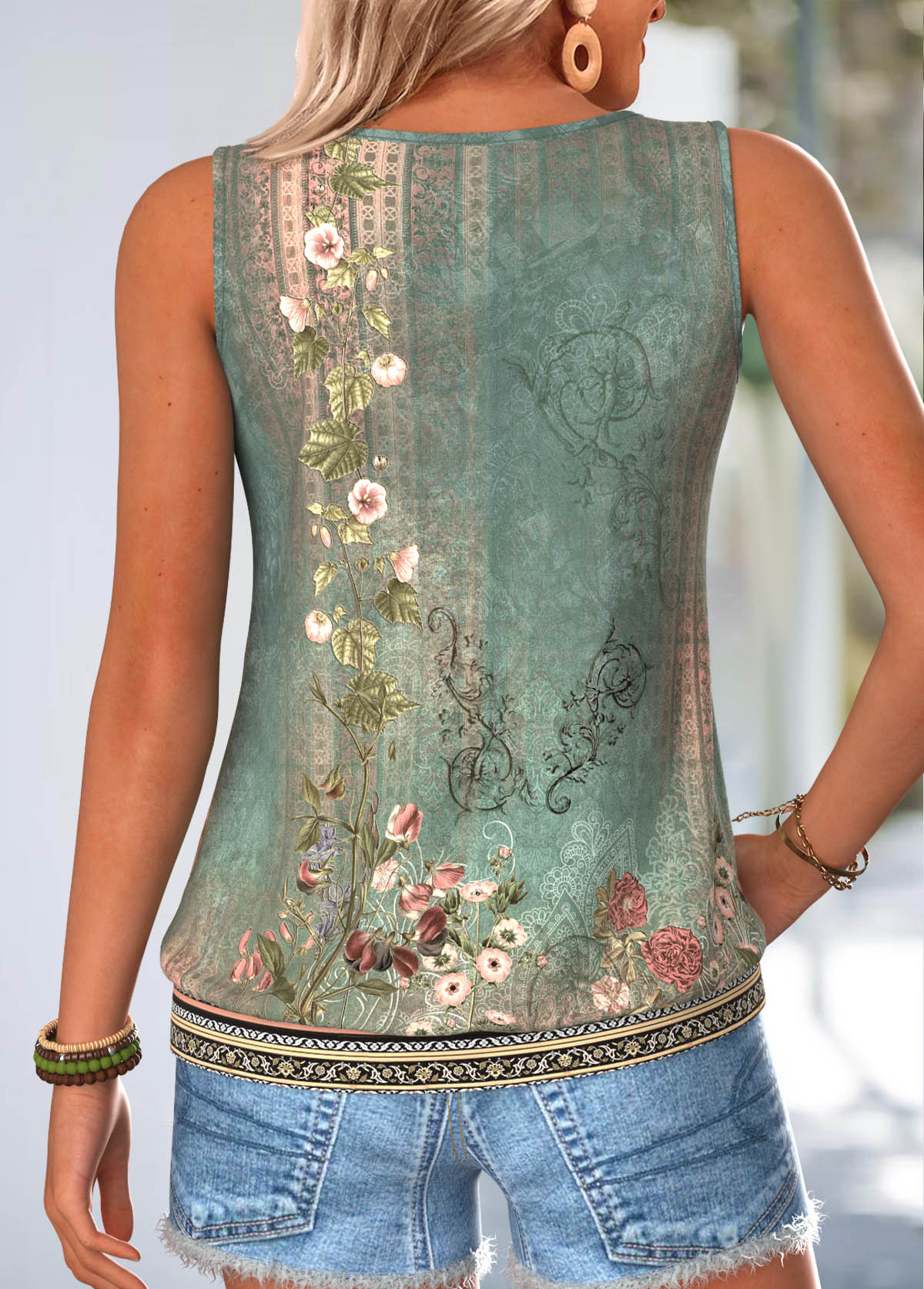 Green Shirred Tribal Print Sleeveless Round Neck Tank Top | picture 