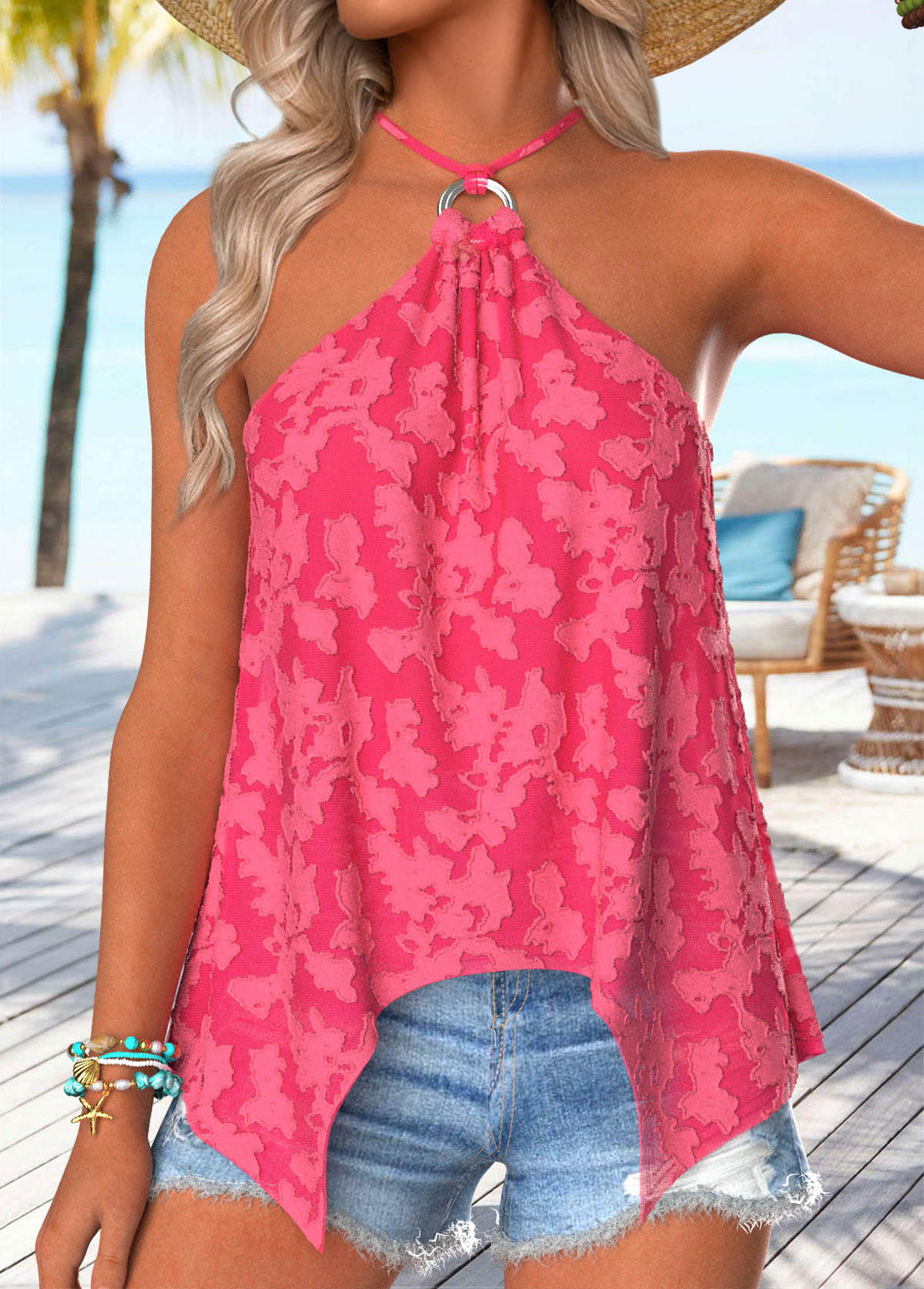 Hot Pink Handkerchief Hem Strappy Halter Camisole Top | picture 