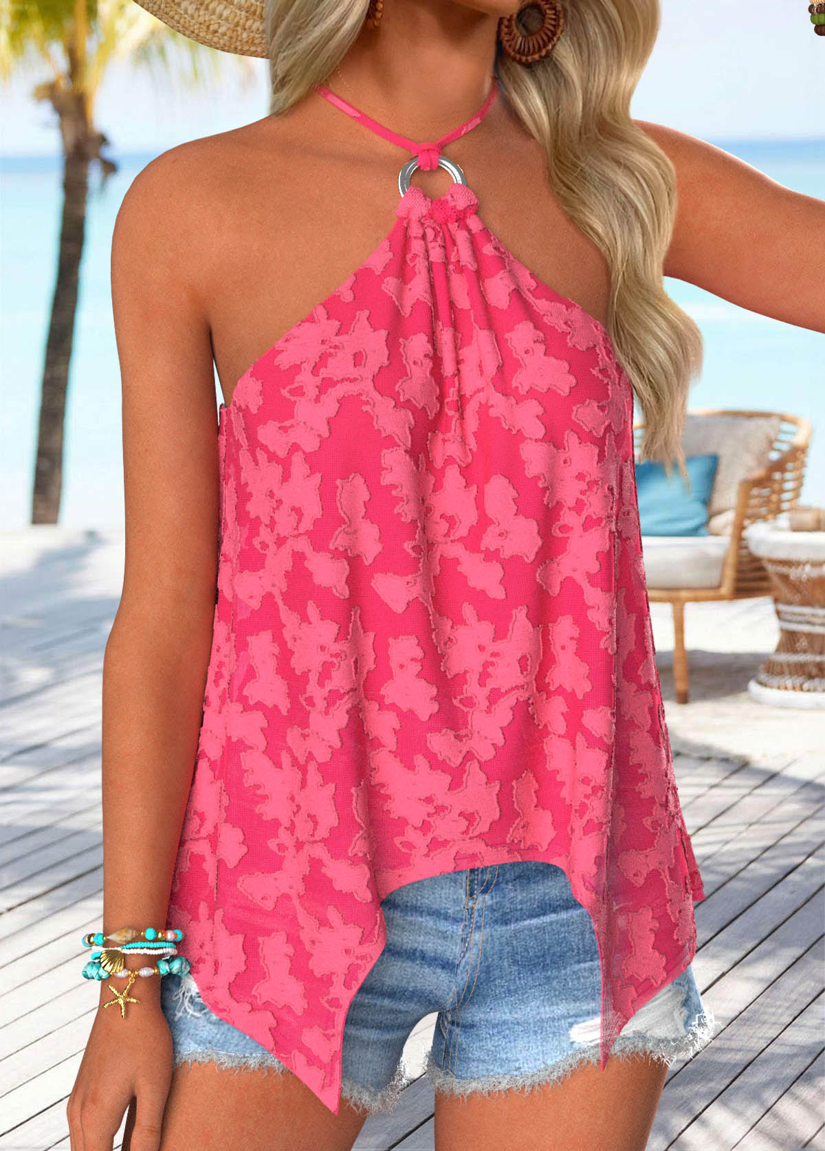 Hot Pink Handkerchief Hem Strappy Halter Camisole Top | picture 