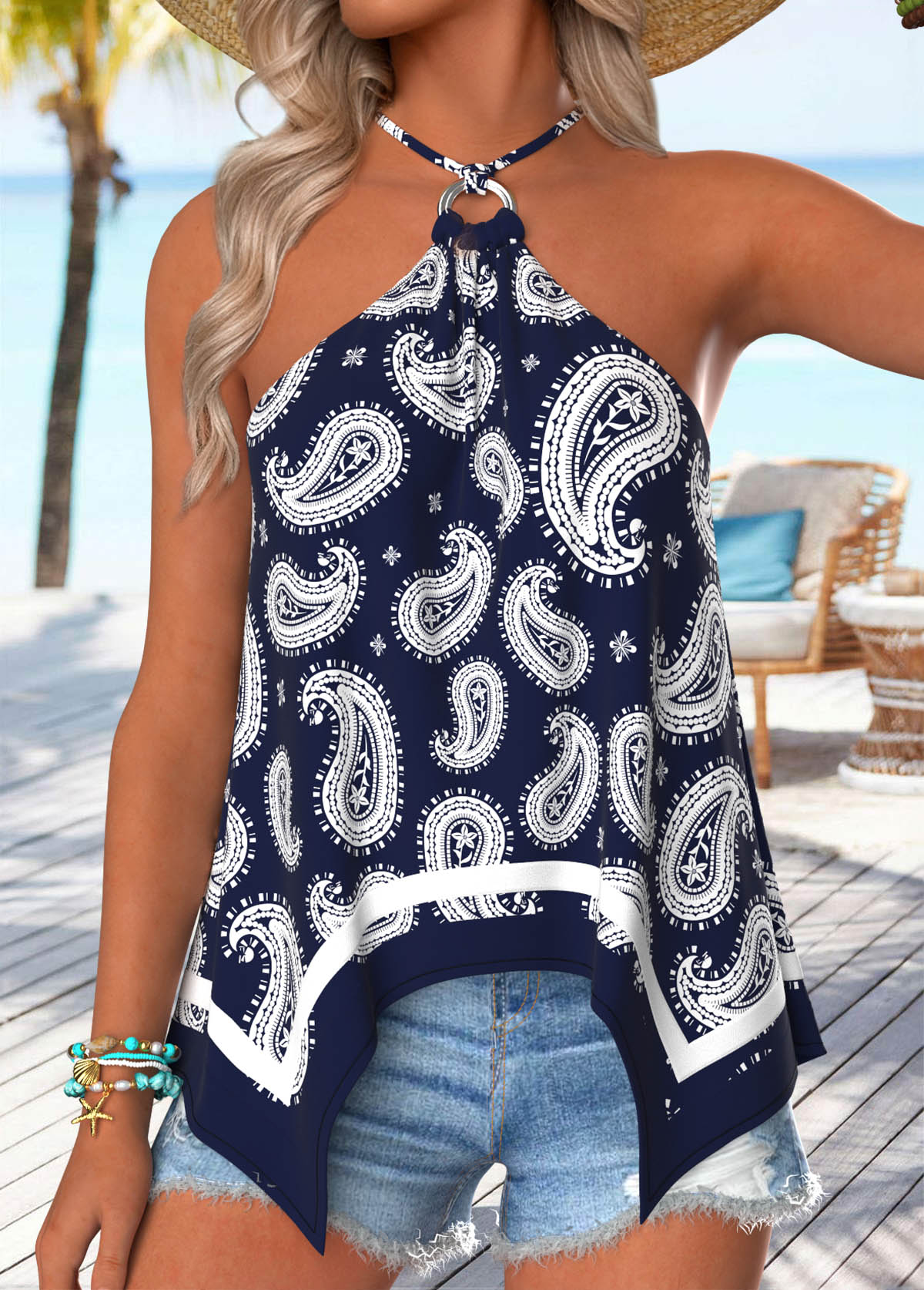 Navy Paisley Print Handkerchief Hem Strappy Halter Camisole Top | picture 