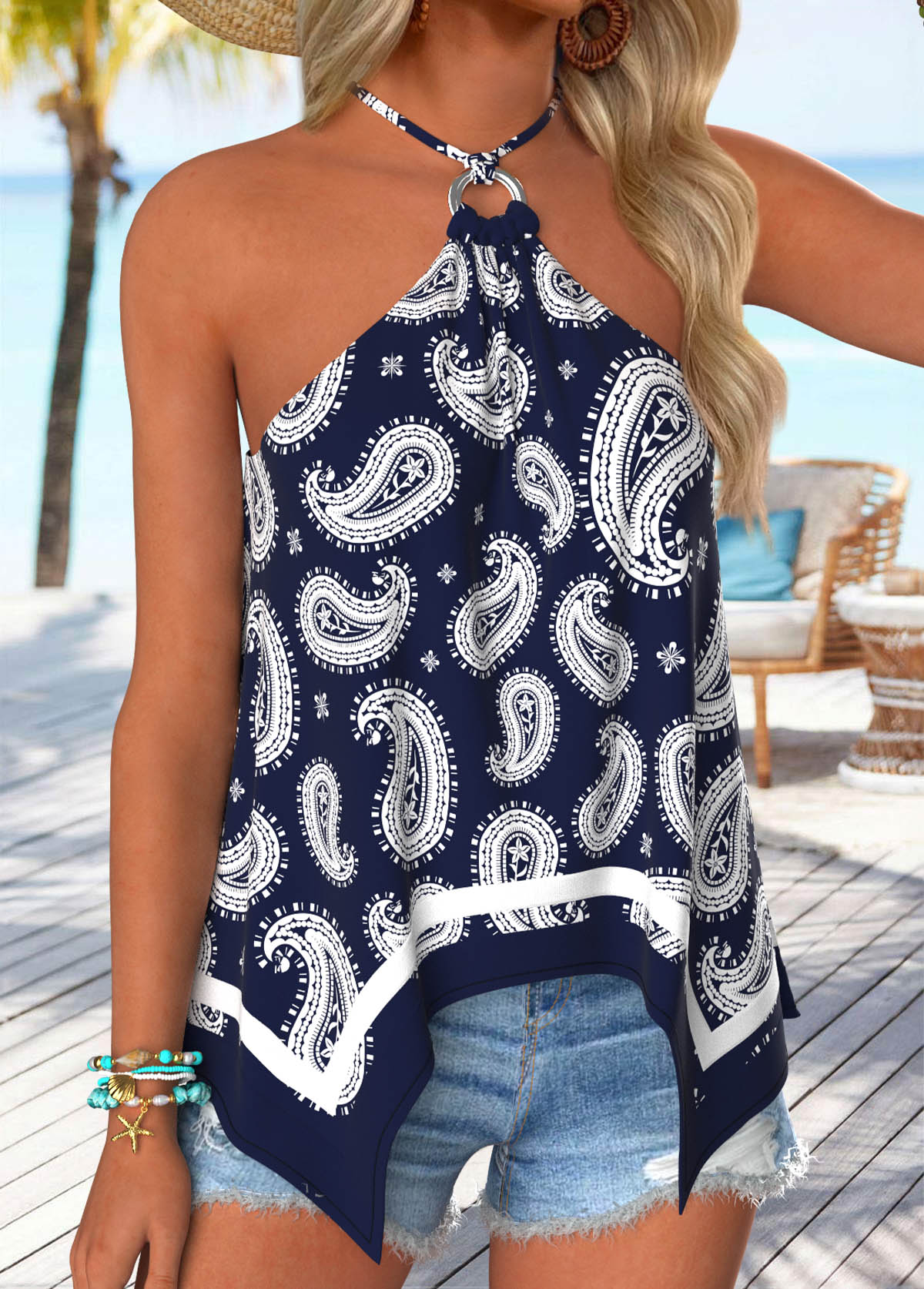Navy Paisley Print Handkerchief Hem Strappy Halter Camisole Top | picture 