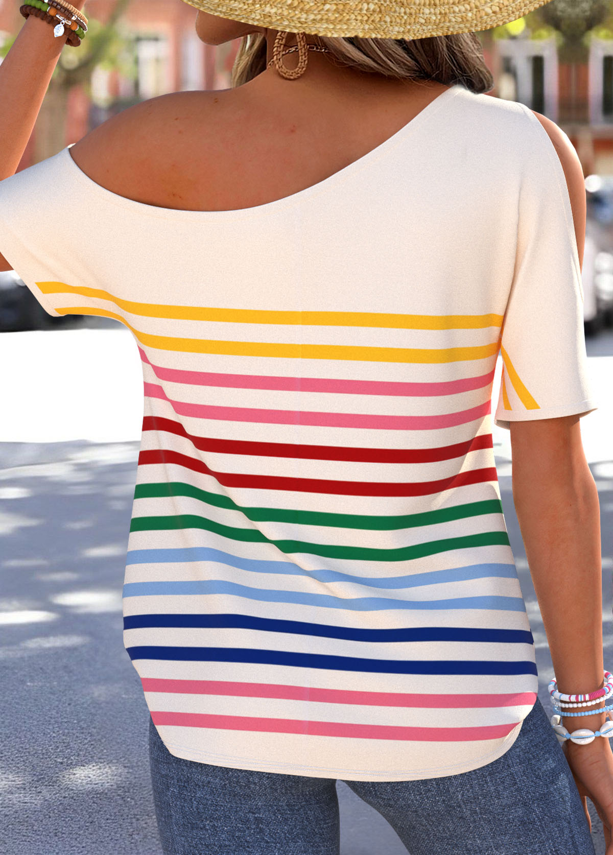 Multi Color Side Vents Striped Short Sleeve T Shirt | picture 