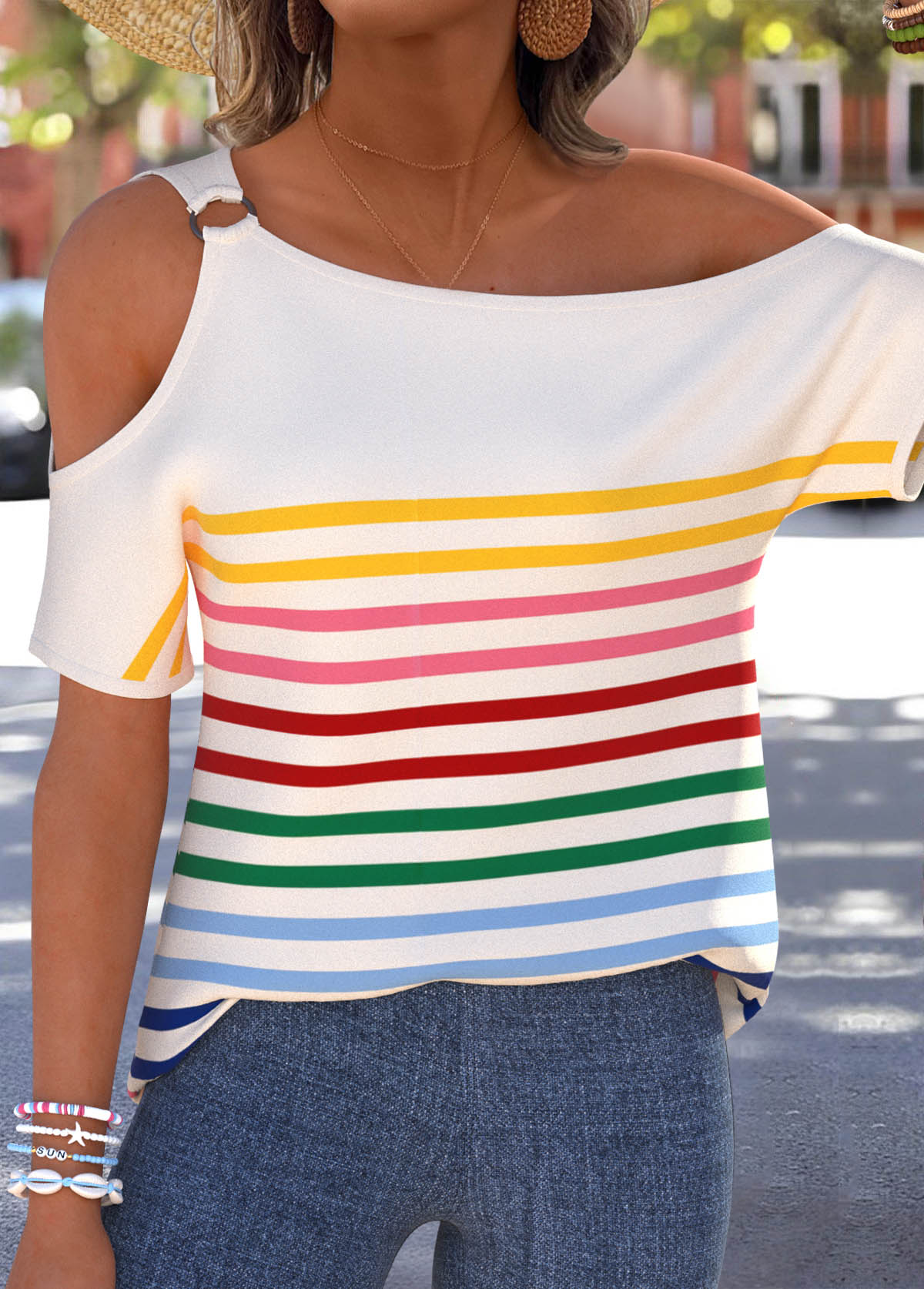 Multi Color Side Vents Striped Short Sleeve T Shirt | picture 