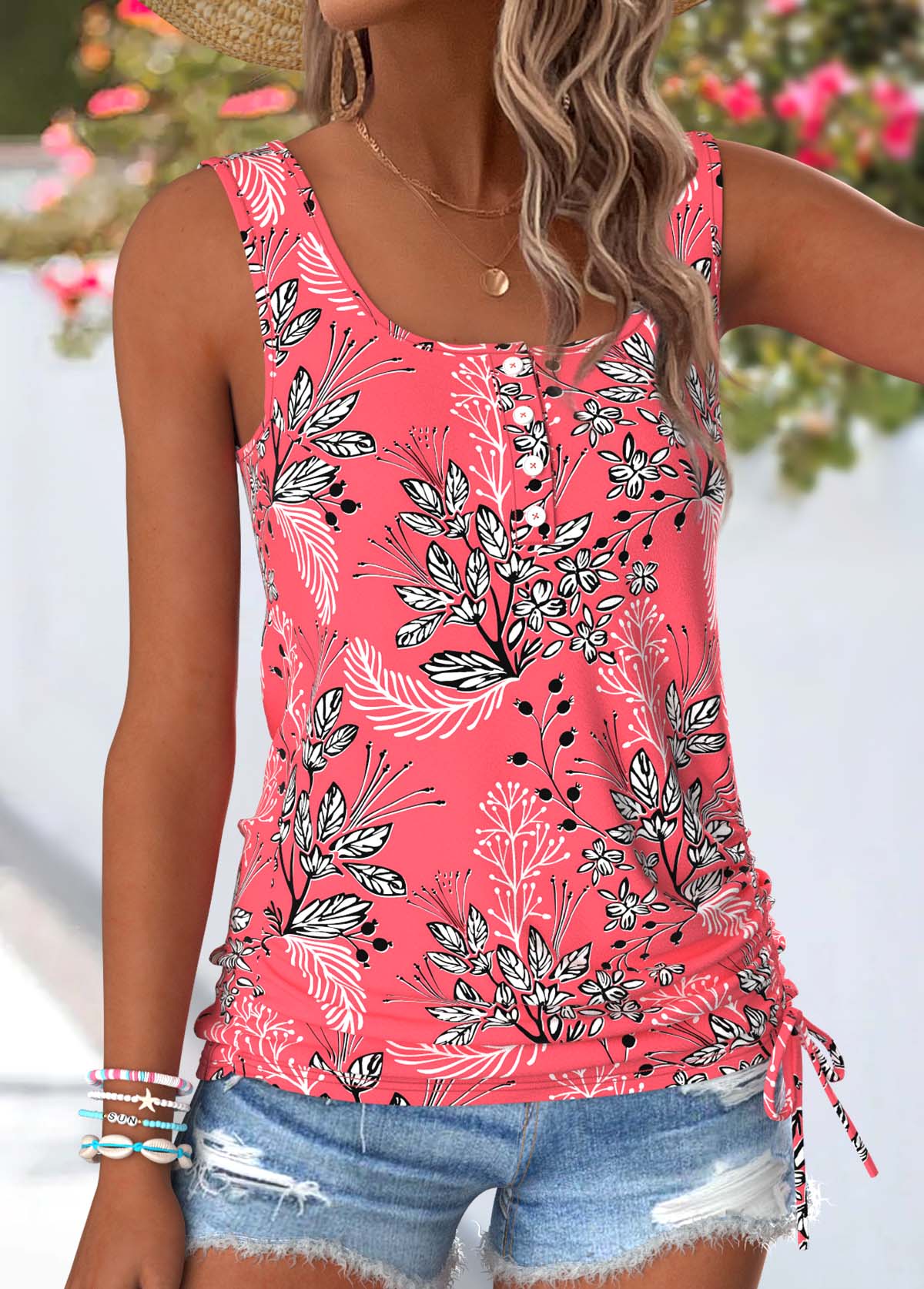 Coral Button Floral Print Sleeveless Square Neck Tank Top | picture 