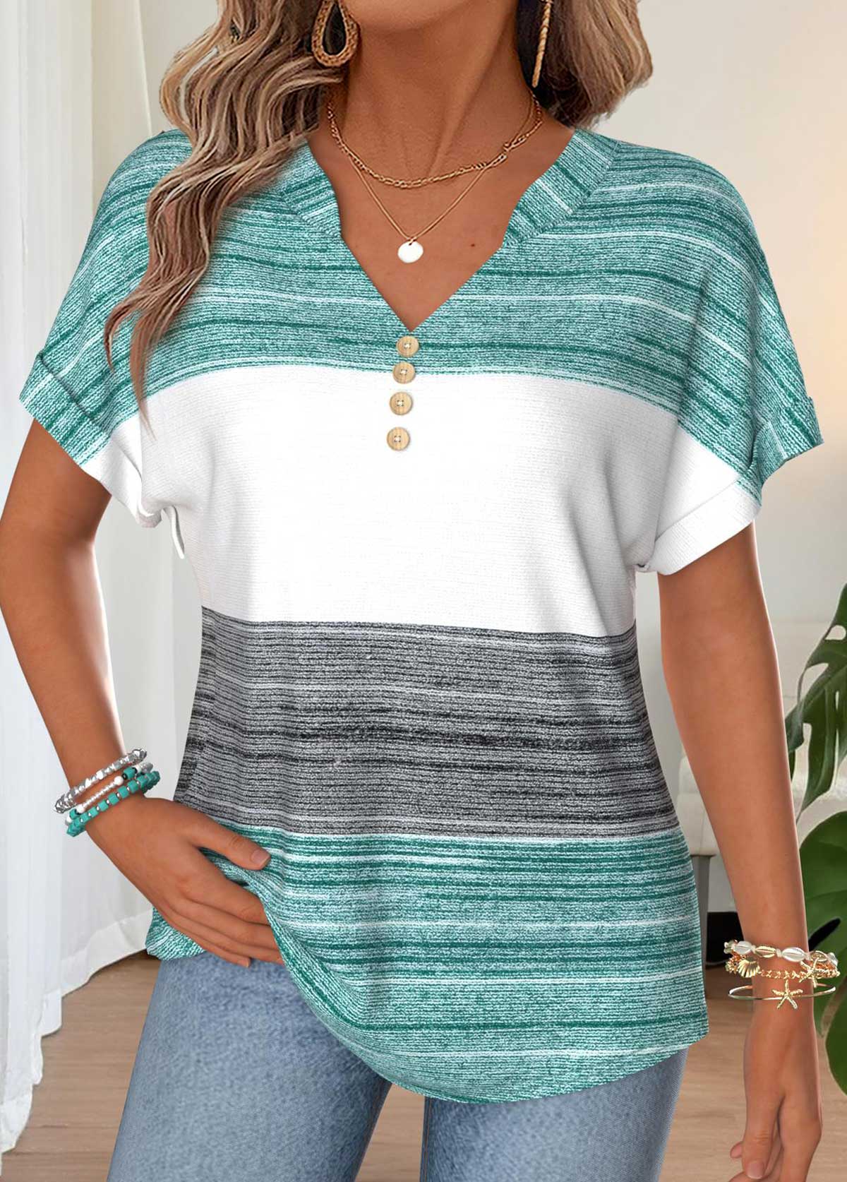 Mint Green Tummy Coverage Striped Short Sleeve T Shirt | picture 