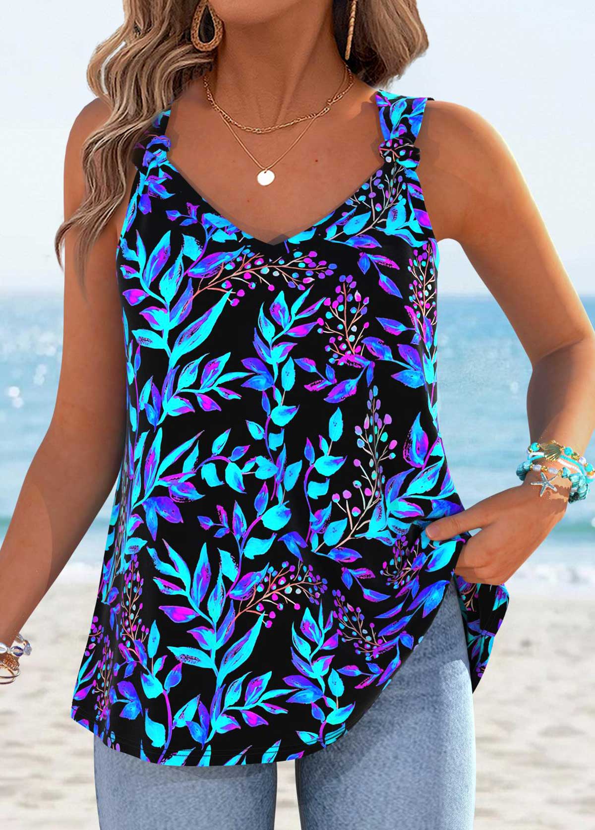 Cyan Leaf Print Tummy Coverage Strappy Tank Top | picture 