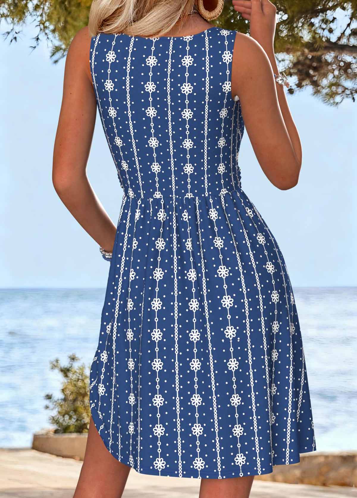 Navy Tummy Coverage Tribal Print Short Sleeveless Dress | picture 