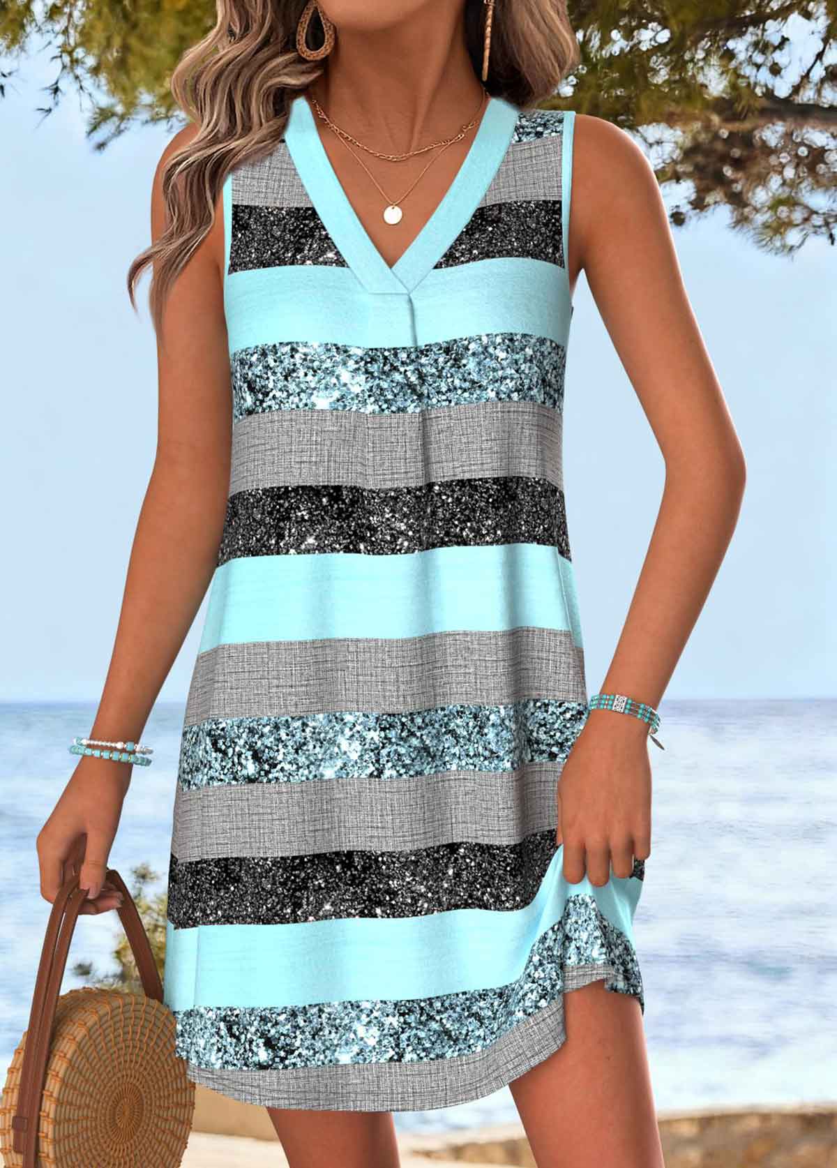 Multi Color Tummy Coverage Striped Short Sleeveless Dress | picture 