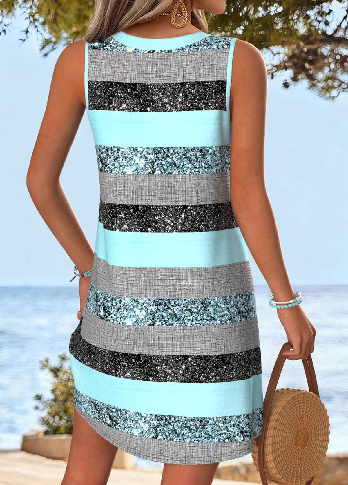 Multi Color Tummy Coverage Striped Short Sleeveless Dress | picture 