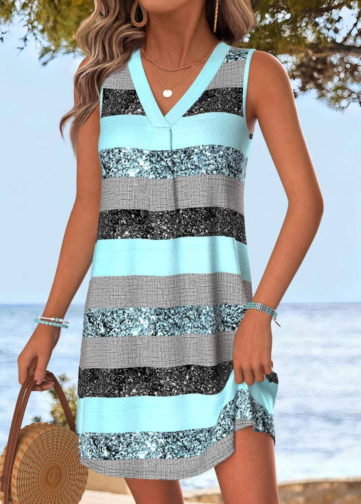 Multi Color Tummy Coverage Striped Short Sleeveless Dress | picture 