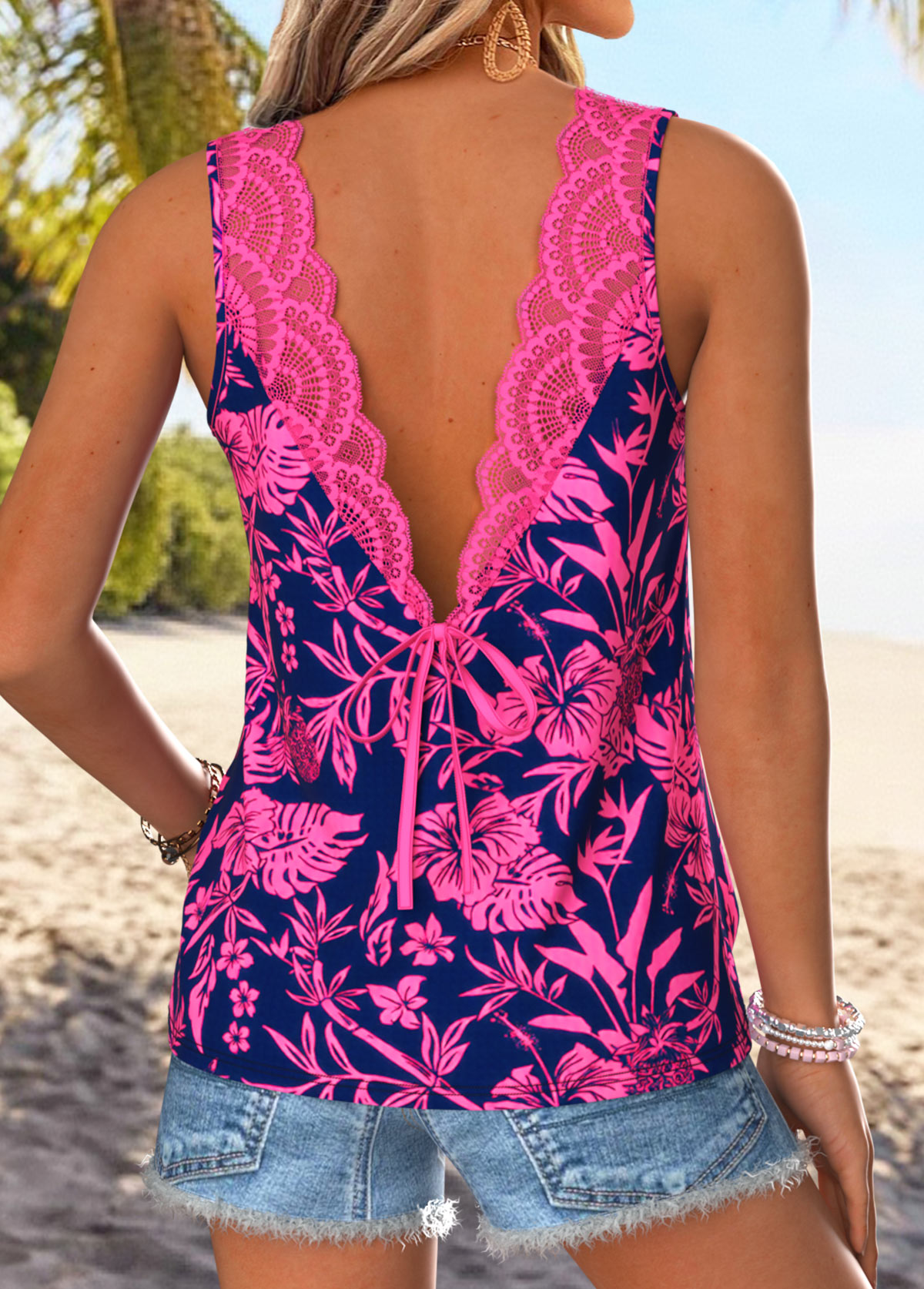 Hot Pink Patchwork Floral Print Sleeveless Tank Top | picture 