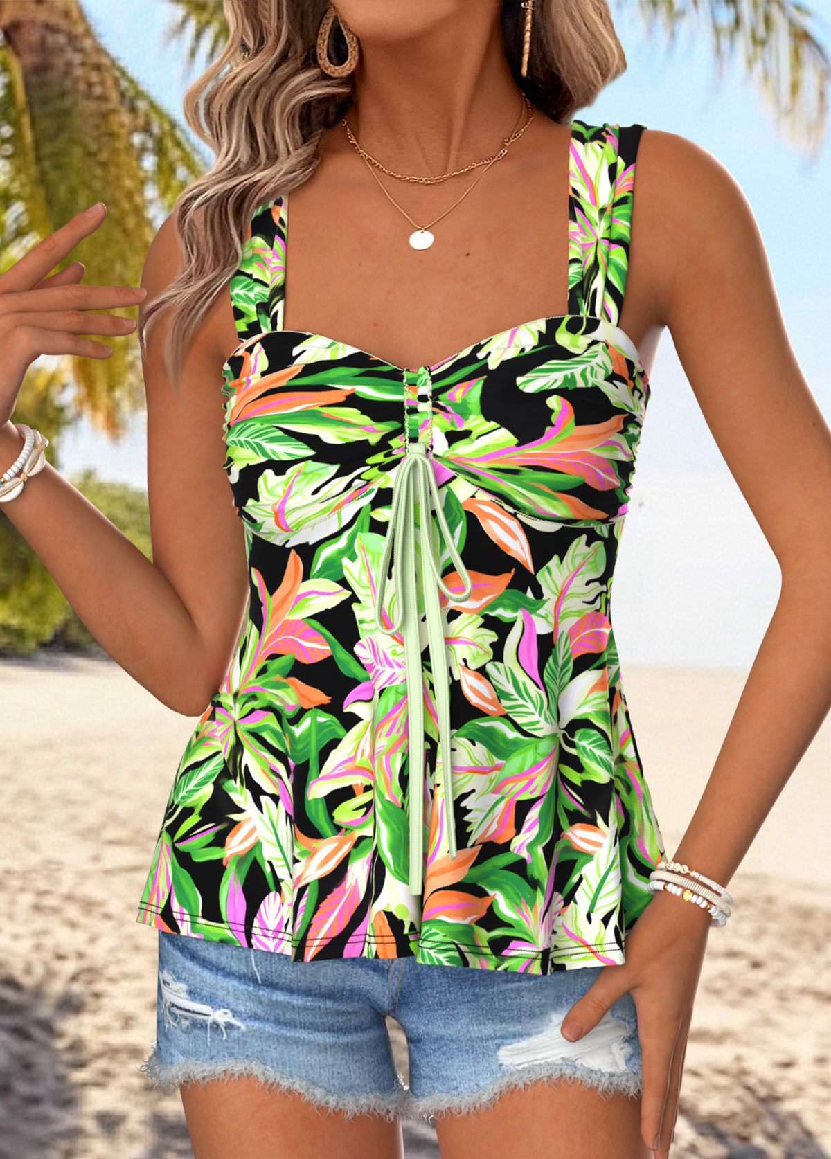 Multi Color Floral Print Peplum Strappy Tank Top | picture 