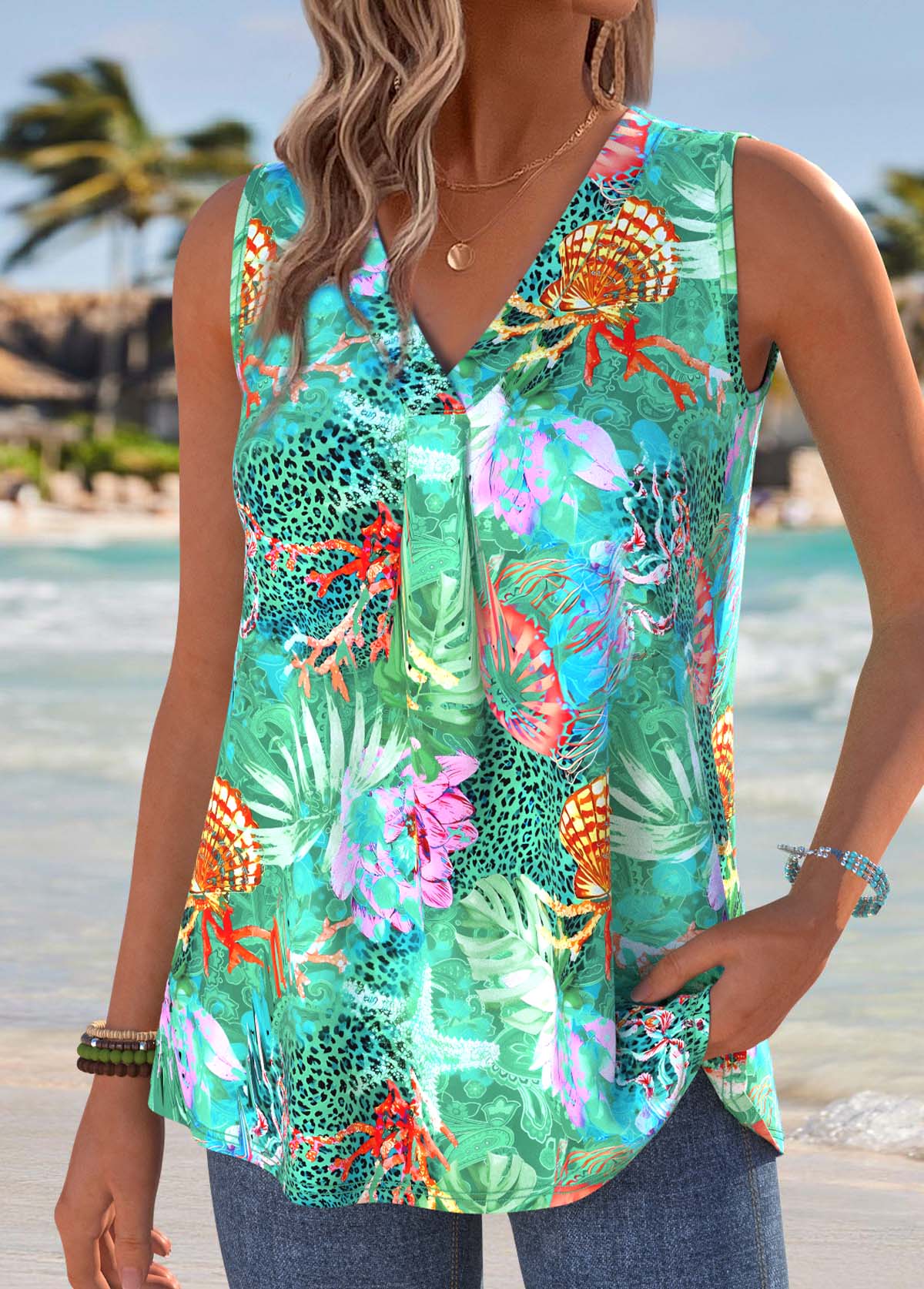 Green Marine Life Print Sleeveless V Neck Tank Top | picture 