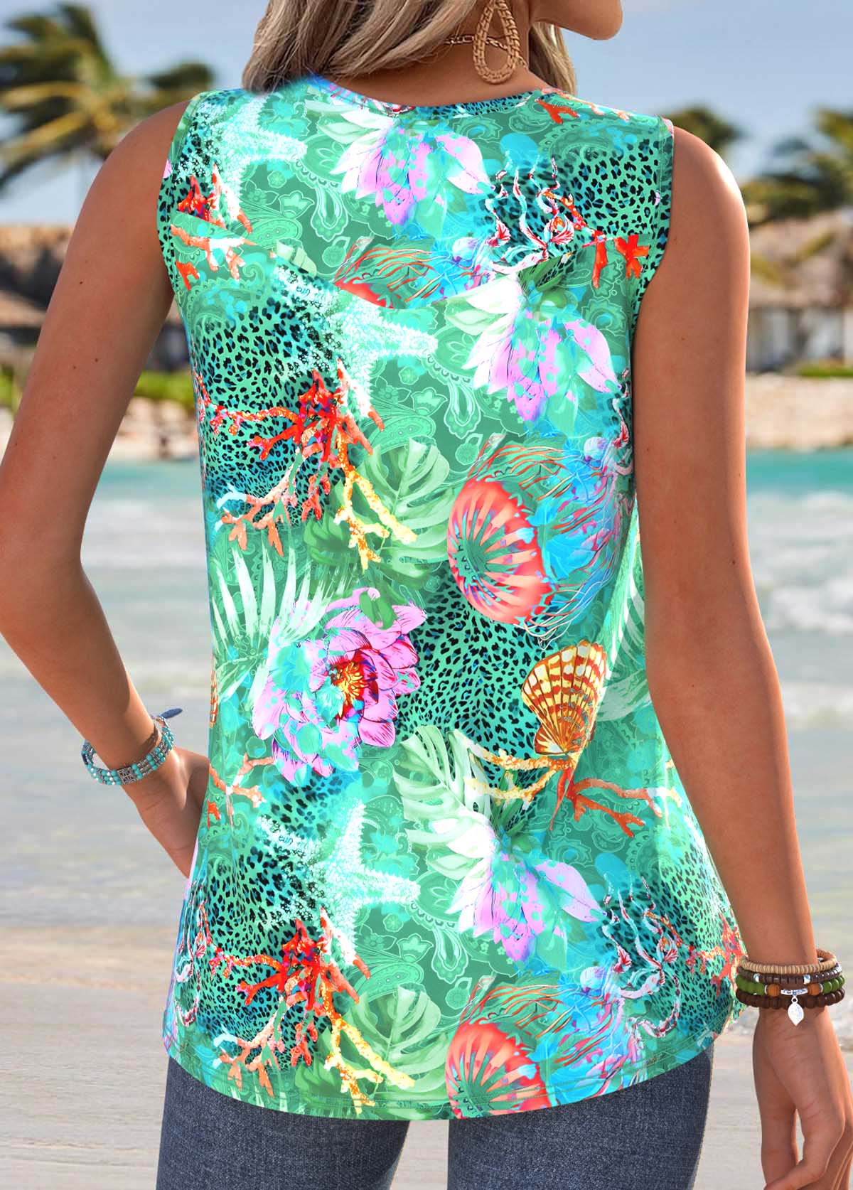 Green Marine Life Print Sleeveless V Neck Tank Top | picture 