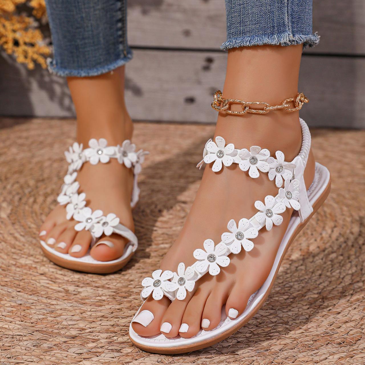 White Floral Toe Post Falt Sandals | picture 