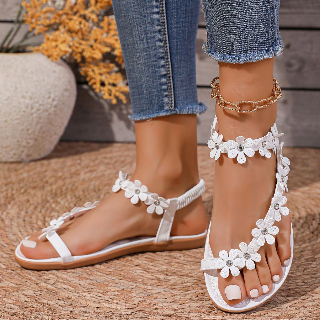 White Floral Toe Post Falt Sandals | picture 