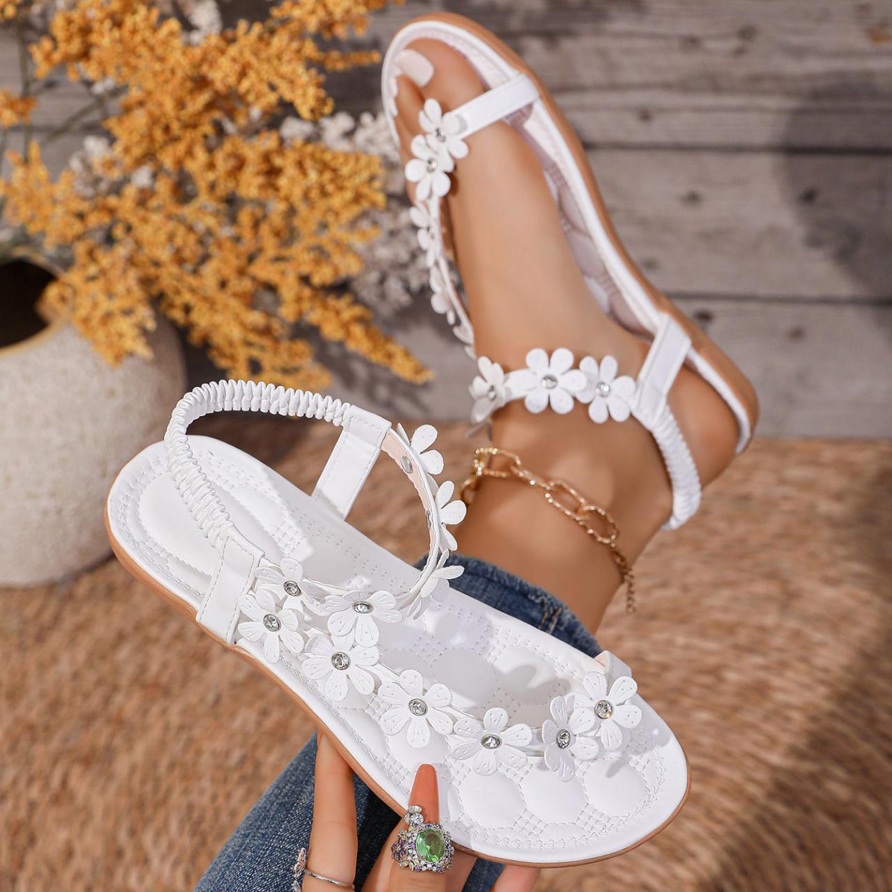 White Floral Toe Post Falt Sandals | picture 