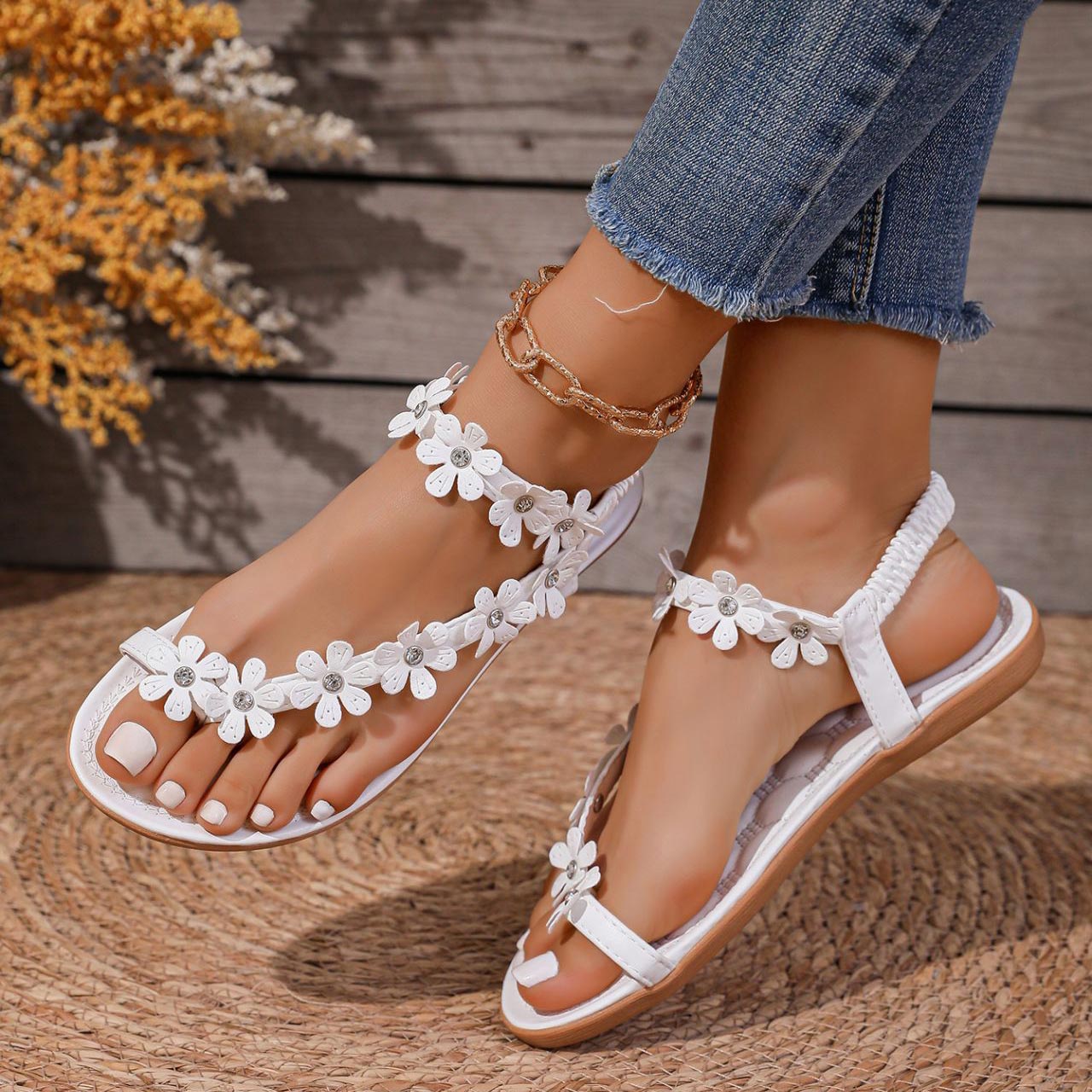 White Floral Toe Post Falt Sandals | picture 