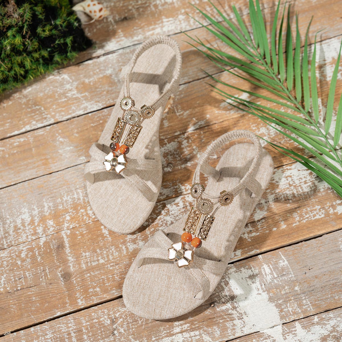 Light Camel Peep Toe Falt Sandals | picture 
