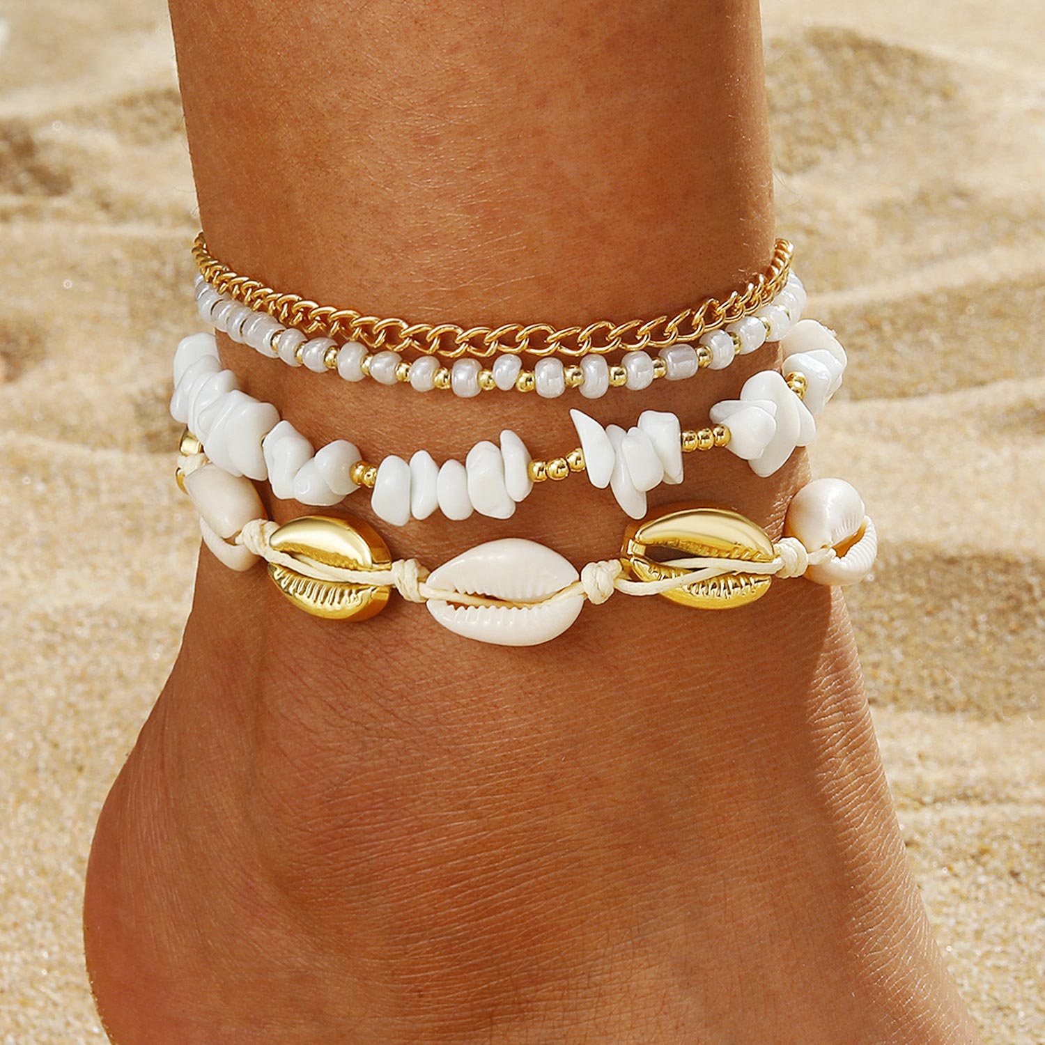 Beige Color Shell Alloy Detail Anklets | picture 