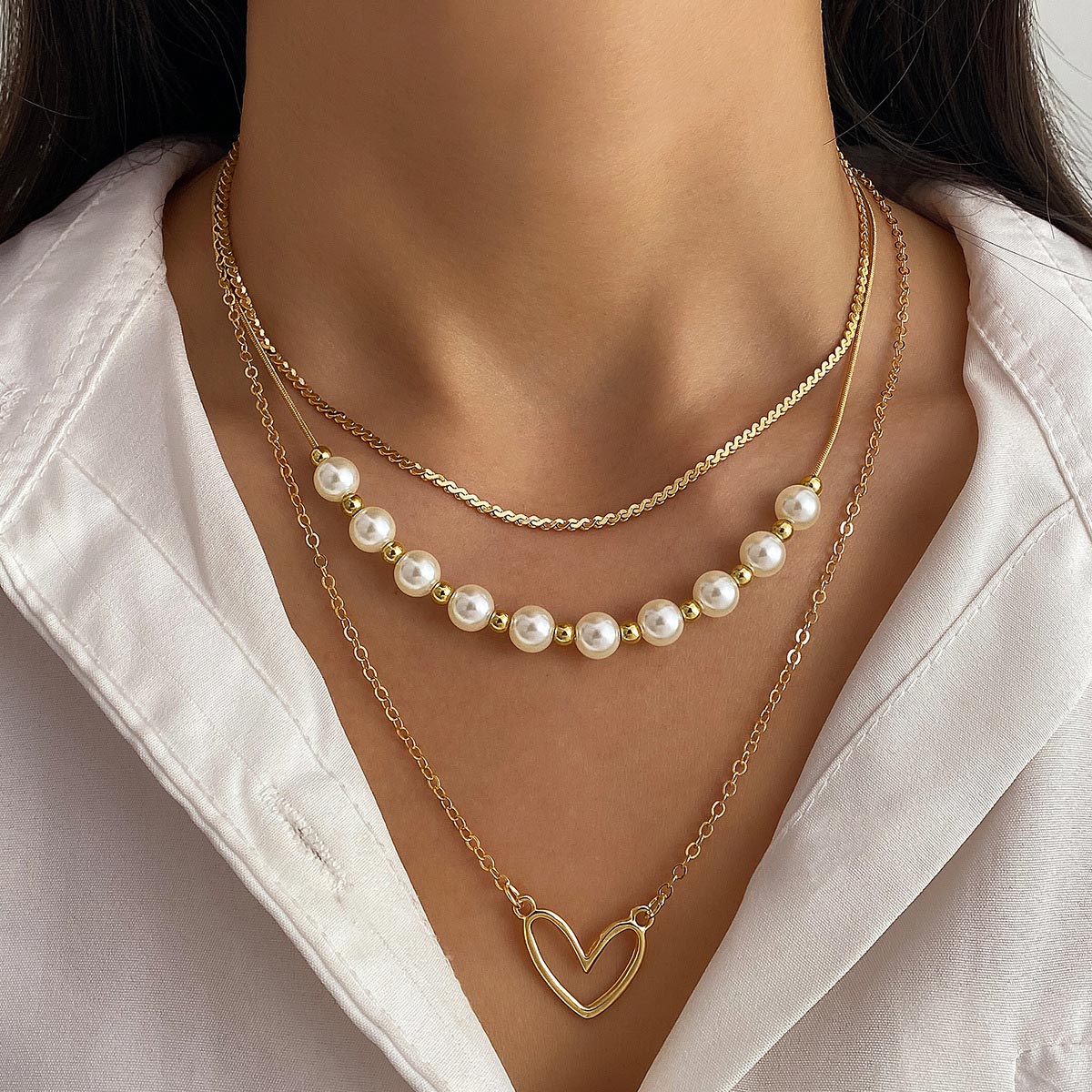 Golden Heart Metal Pearl Layered Design Necklace | picture 