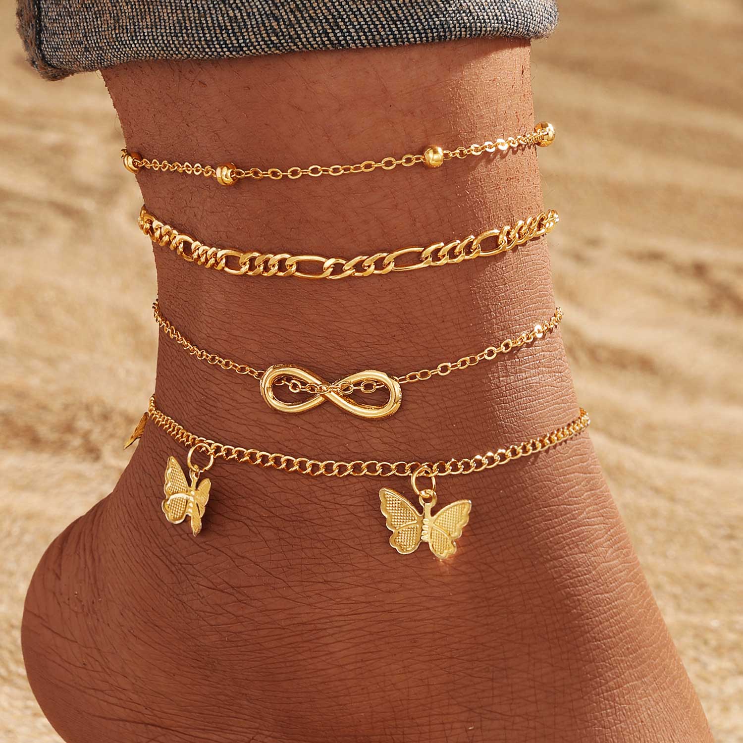 Golden Butterfly Alloy Layered Anklets Set | picture 