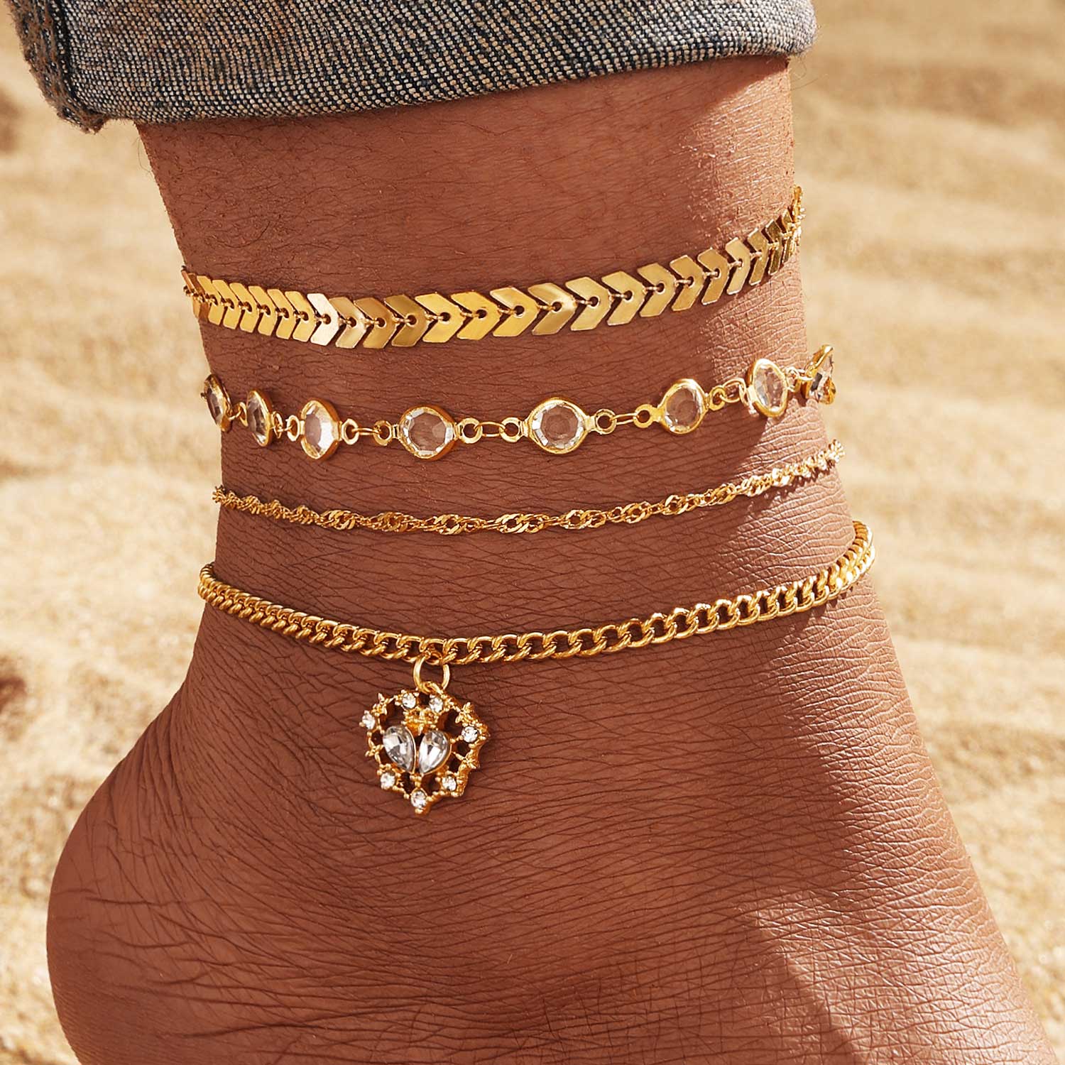 Golden Color Alloy Detail Rhinestone Anklets | picture 