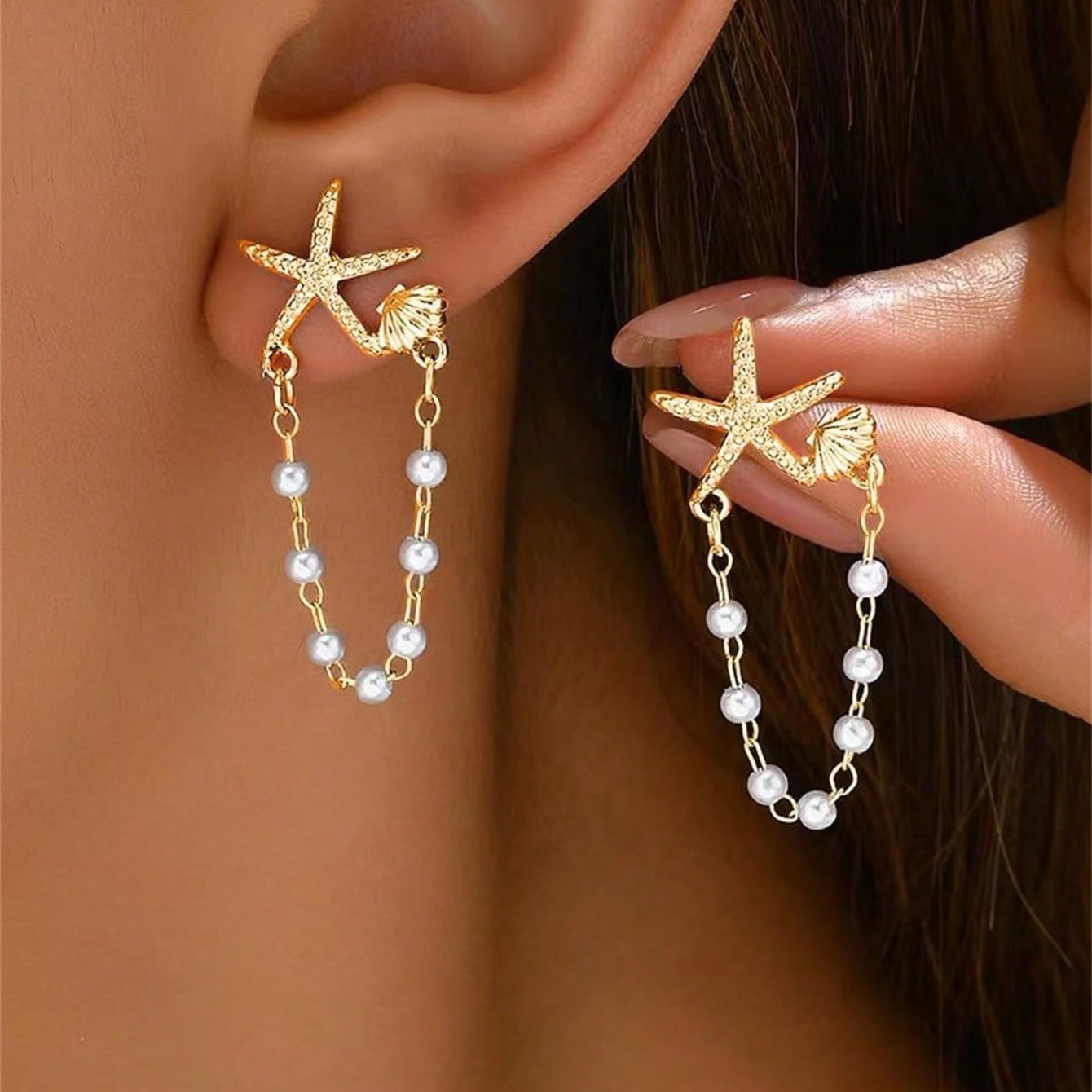 Golden Shell Pearl Starfish Alloy Earrings | picture 
