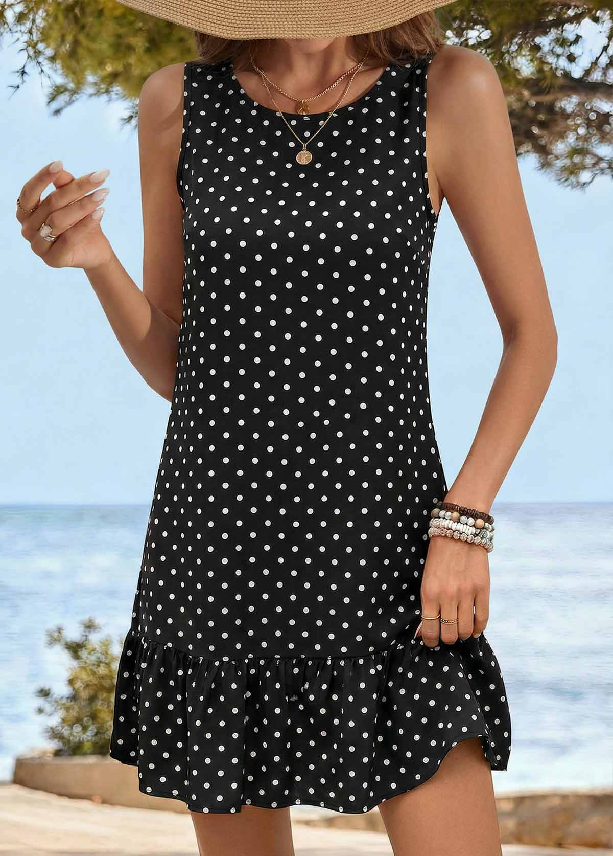 Black Tummy Coverage Polka Dot Short Sleeveless Dress | picture 