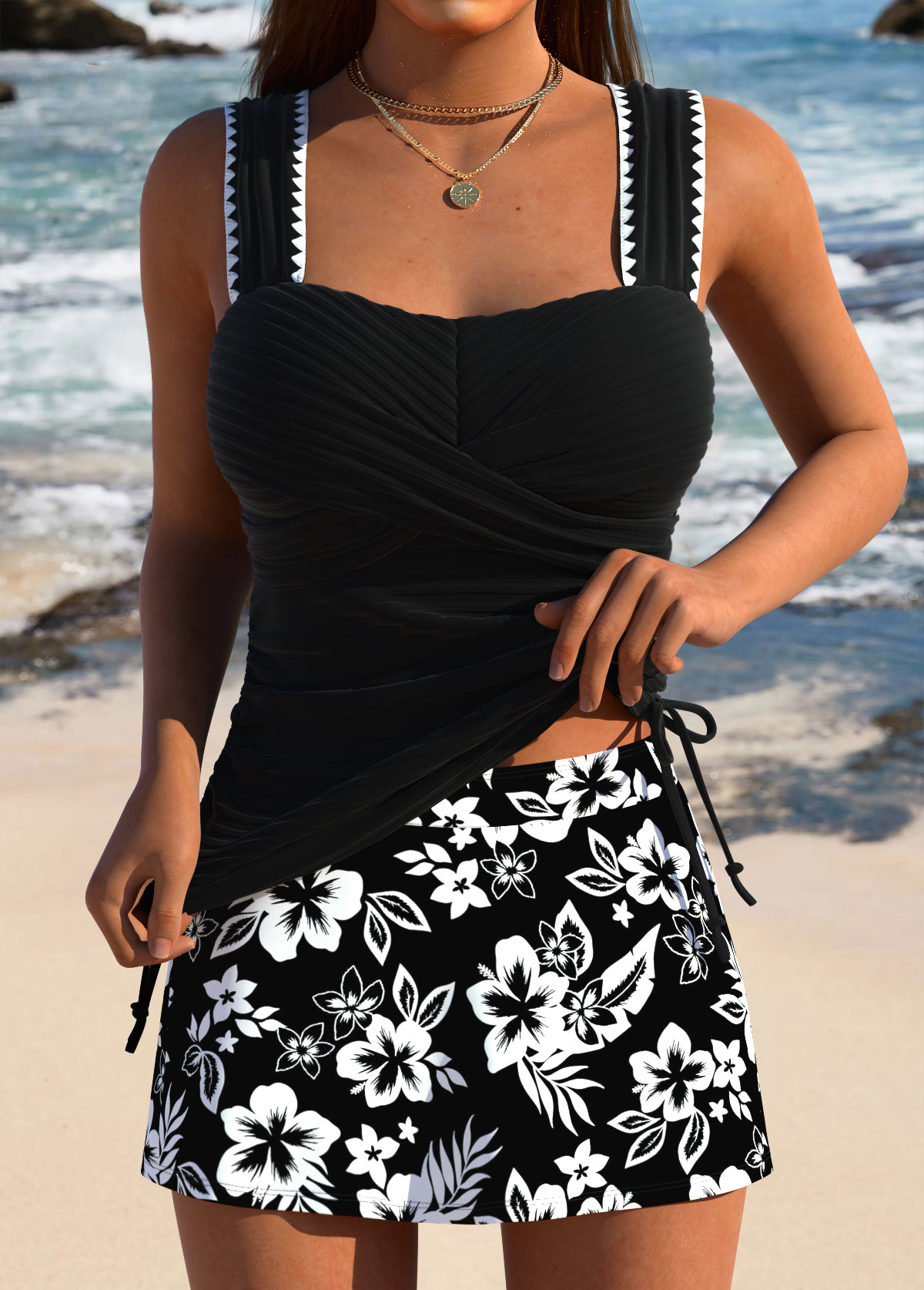 Tummy Coverage Mid Waisted Floral Print Black Tankini Set | picture 