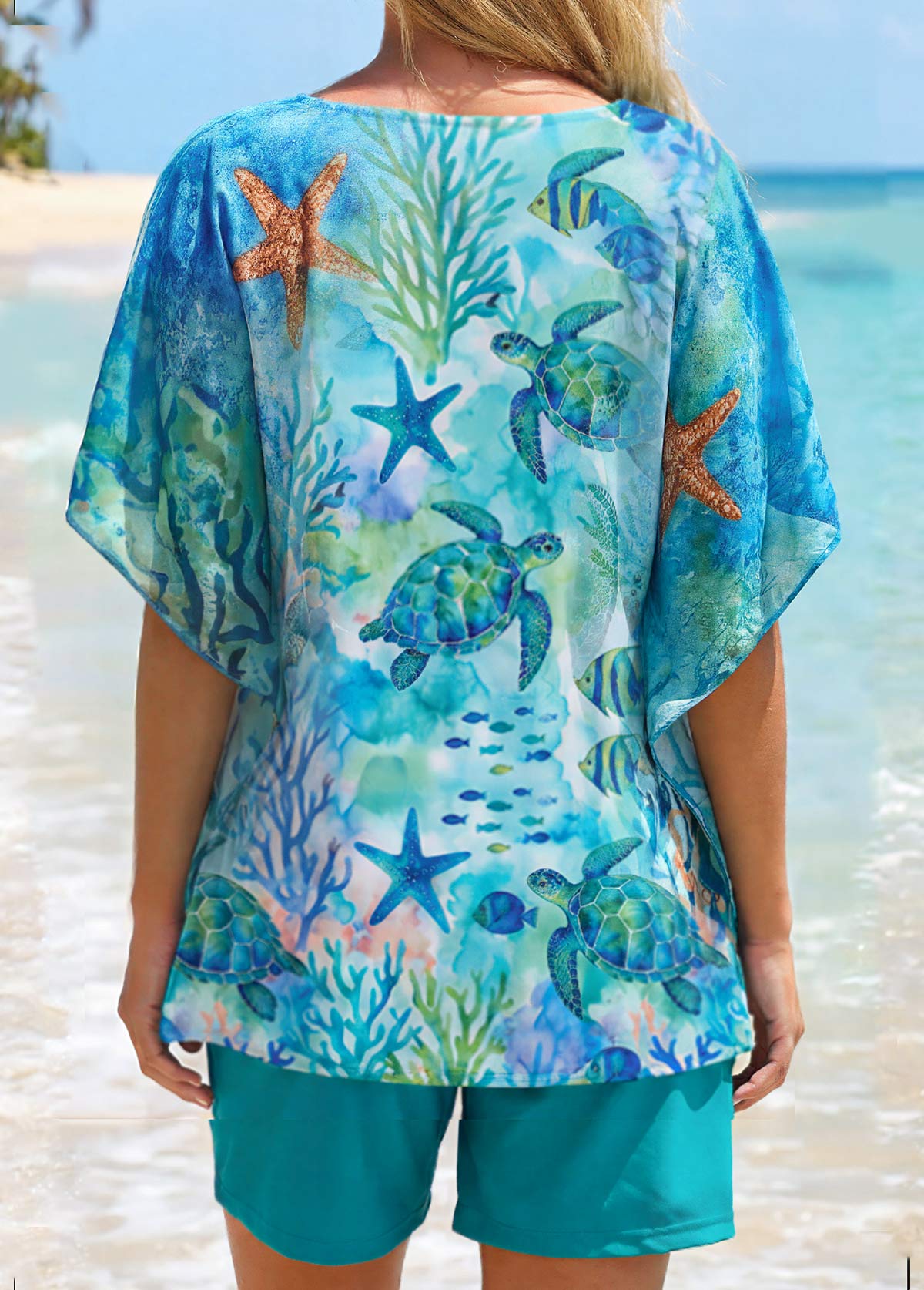 Tummy Coverage Marine Life Print Cyan Cover Up | picture 