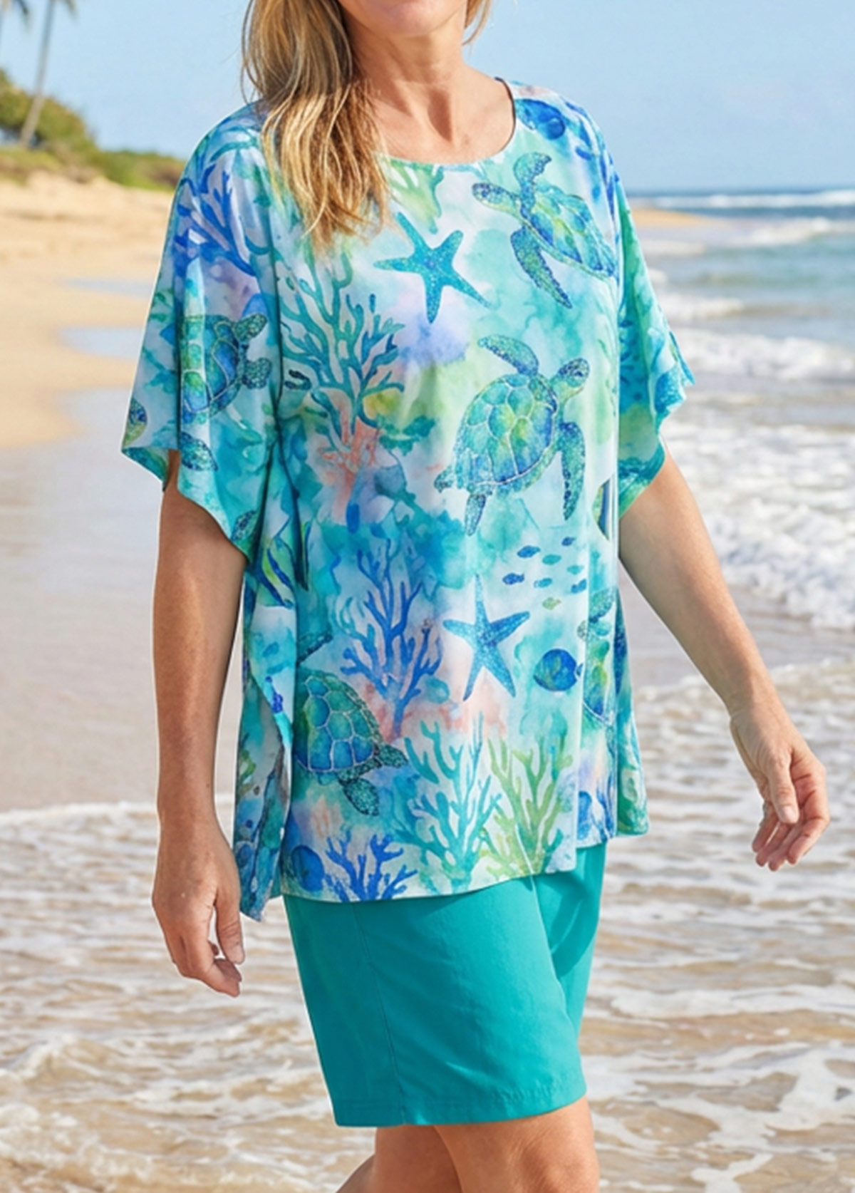 Tummy Coverage Marine Life Print Cyan Cover Up | picture 