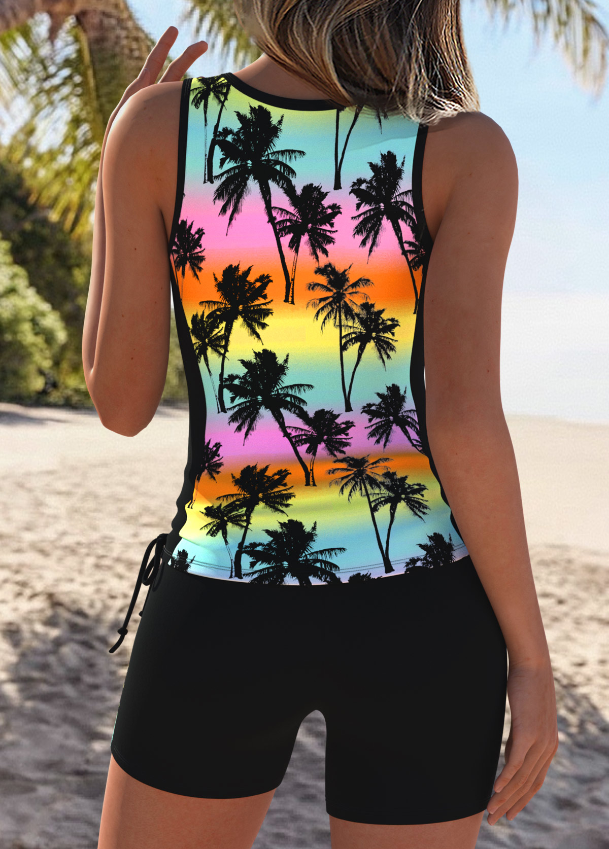Tummy Coverage Mid Waisted Tropical Plants Print Tankini Set | picture 
