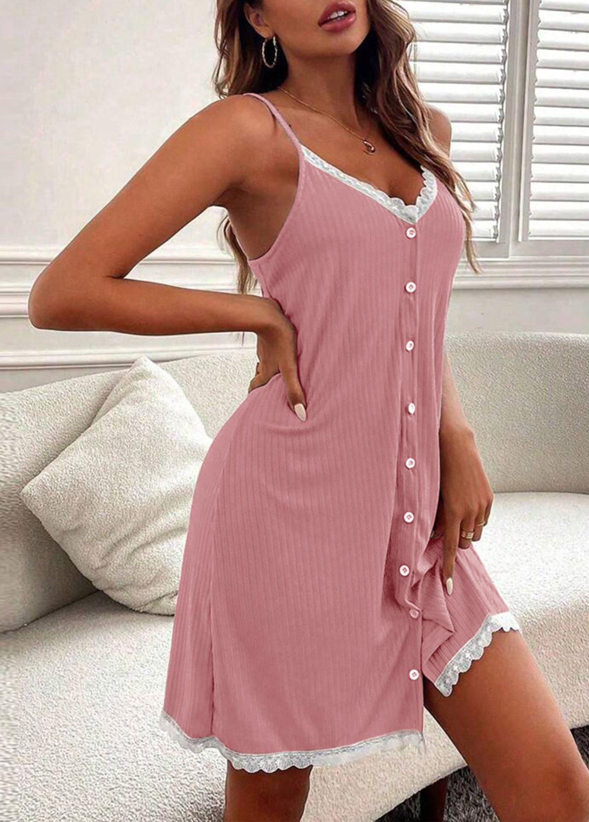 Pink Strappy V Neck Strappy Nightdress | picture 