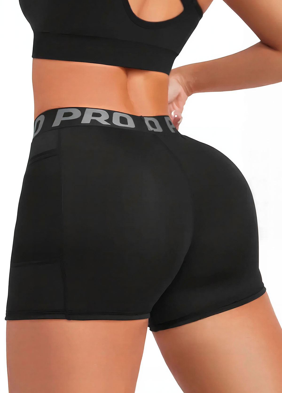 Black High Stretch Letter Print Skinny Fitted Sports Shorts | picture 