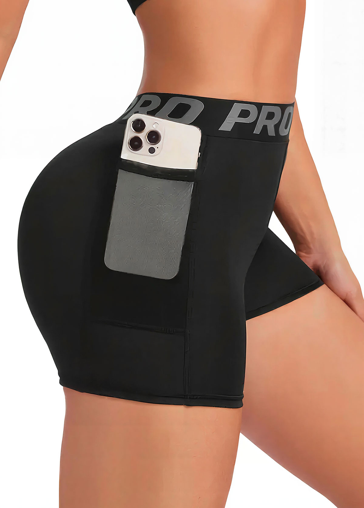 Black High Stretch Letter Print Skinny Fitted Sports Shorts | picture 