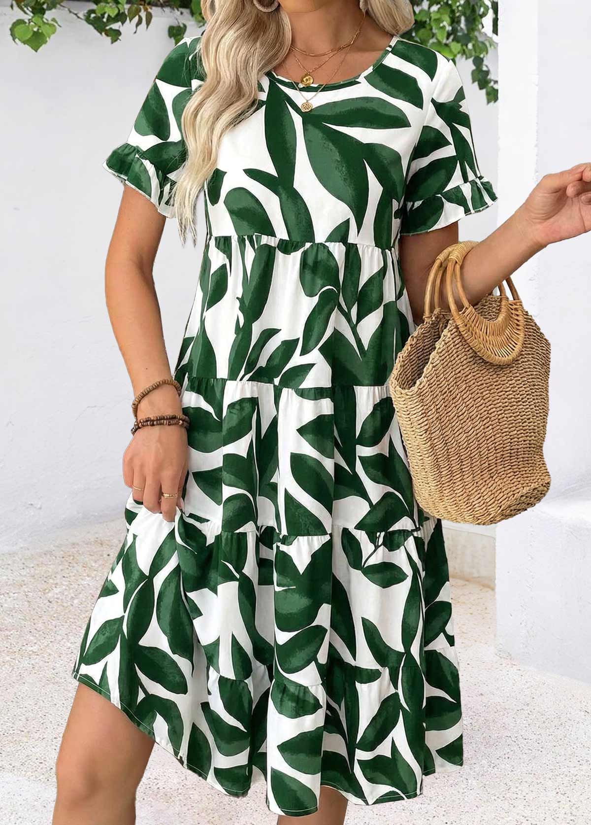 Green Leaf Print Tummy Coverage A Line Dress | picture 