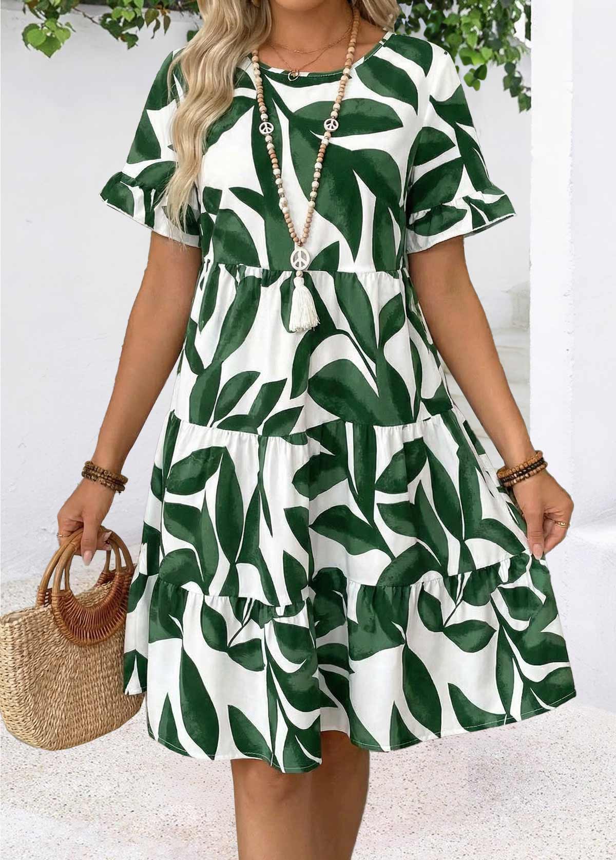 Green Leaf Print Tummy Coverage A Line Dress | picture 