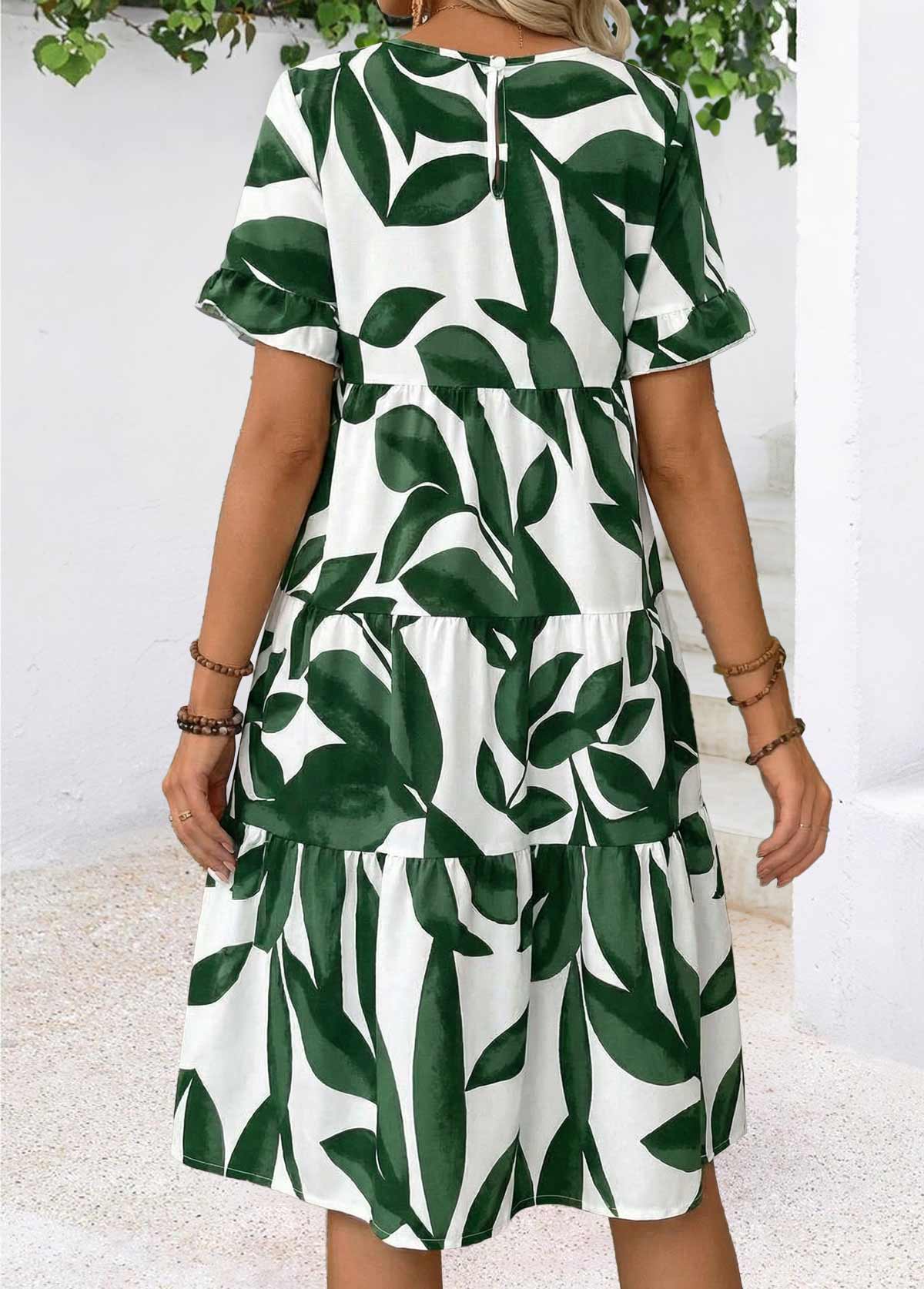 Green Leaf Print Tummy Coverage A Line Dress | picture 