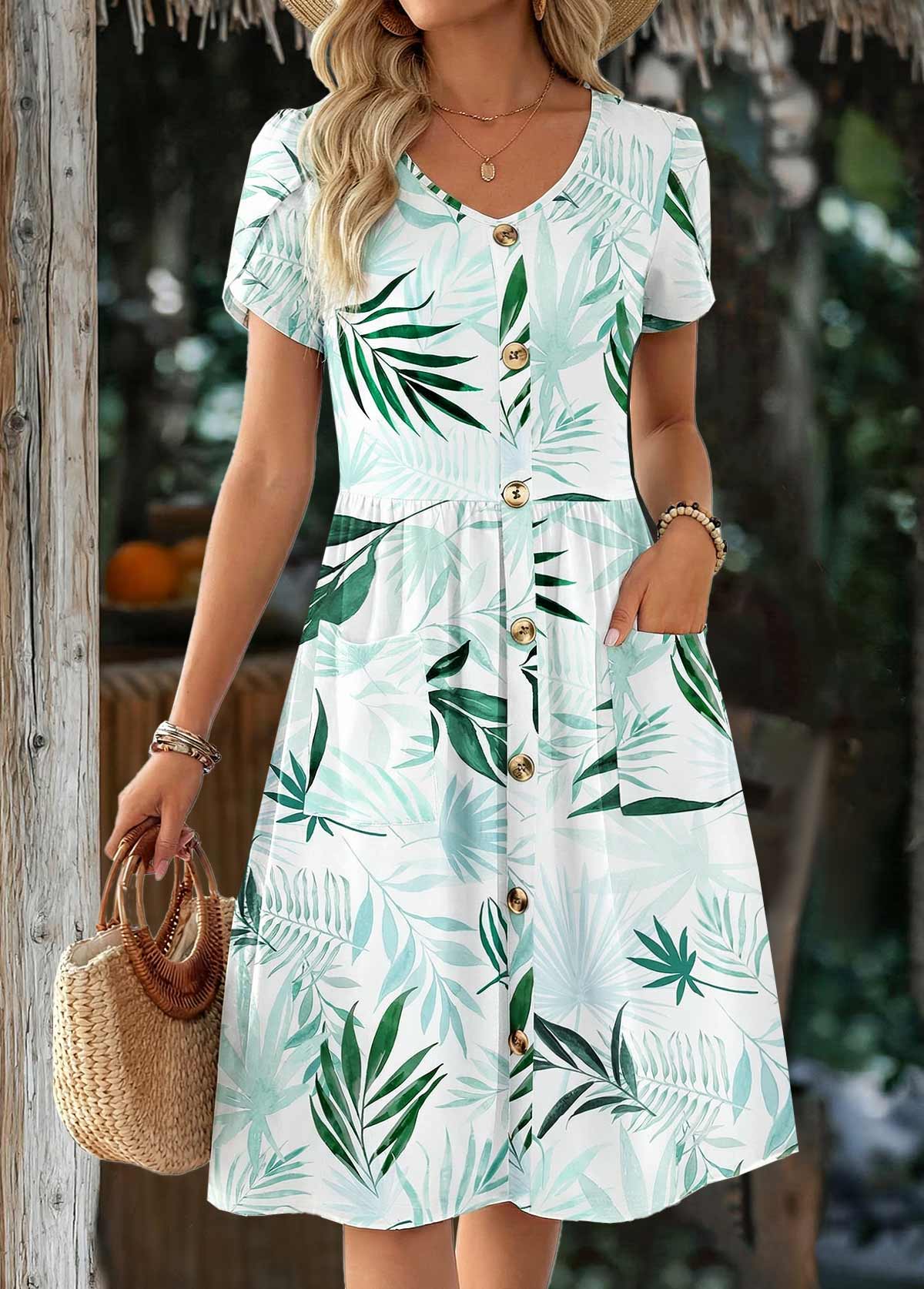 White Leaf Print Patchwork Short Sleeve V Neck Dress | picture 