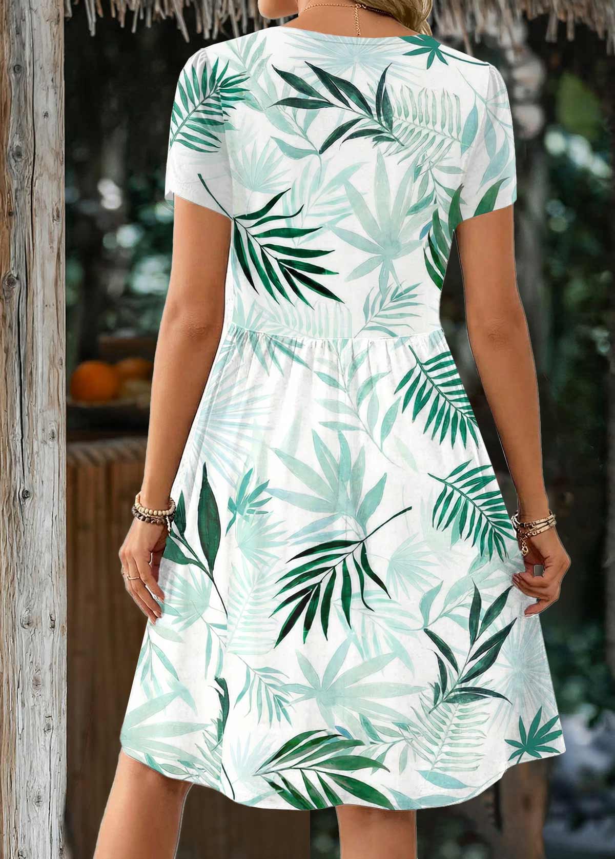 White Leaf Print Patchwork Short Sleeve V Neck Dress | picture 