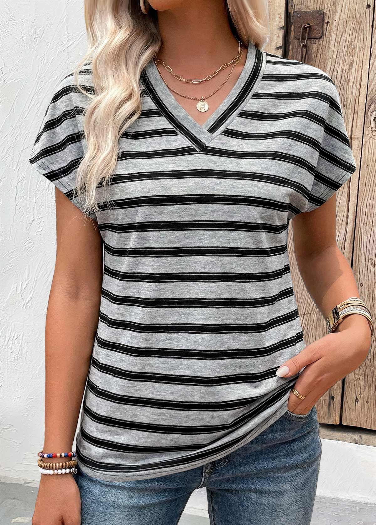 Light Grey Striped Tummy Coverage Short Sleeve T Shirt | picture 